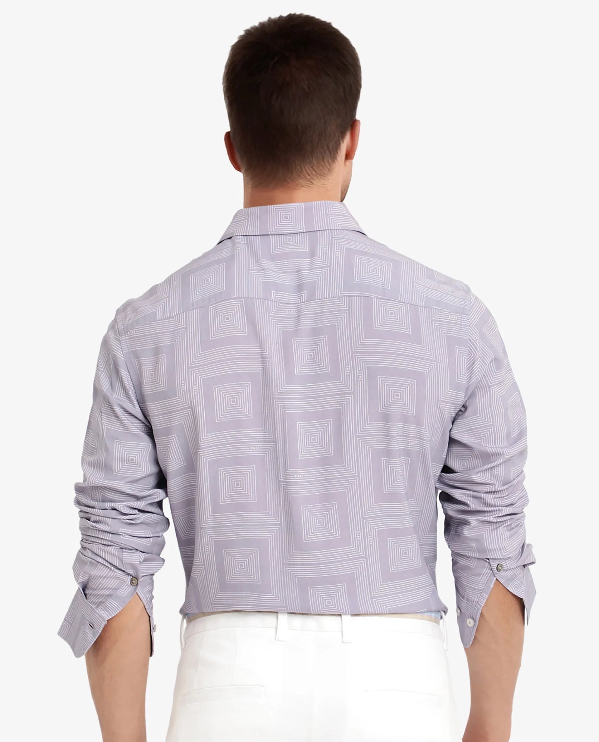 Rare Rabbit Men Swift Pastel Purple Viscose Fabric Full Sleeve Regular Fit Geometric Print Shirt