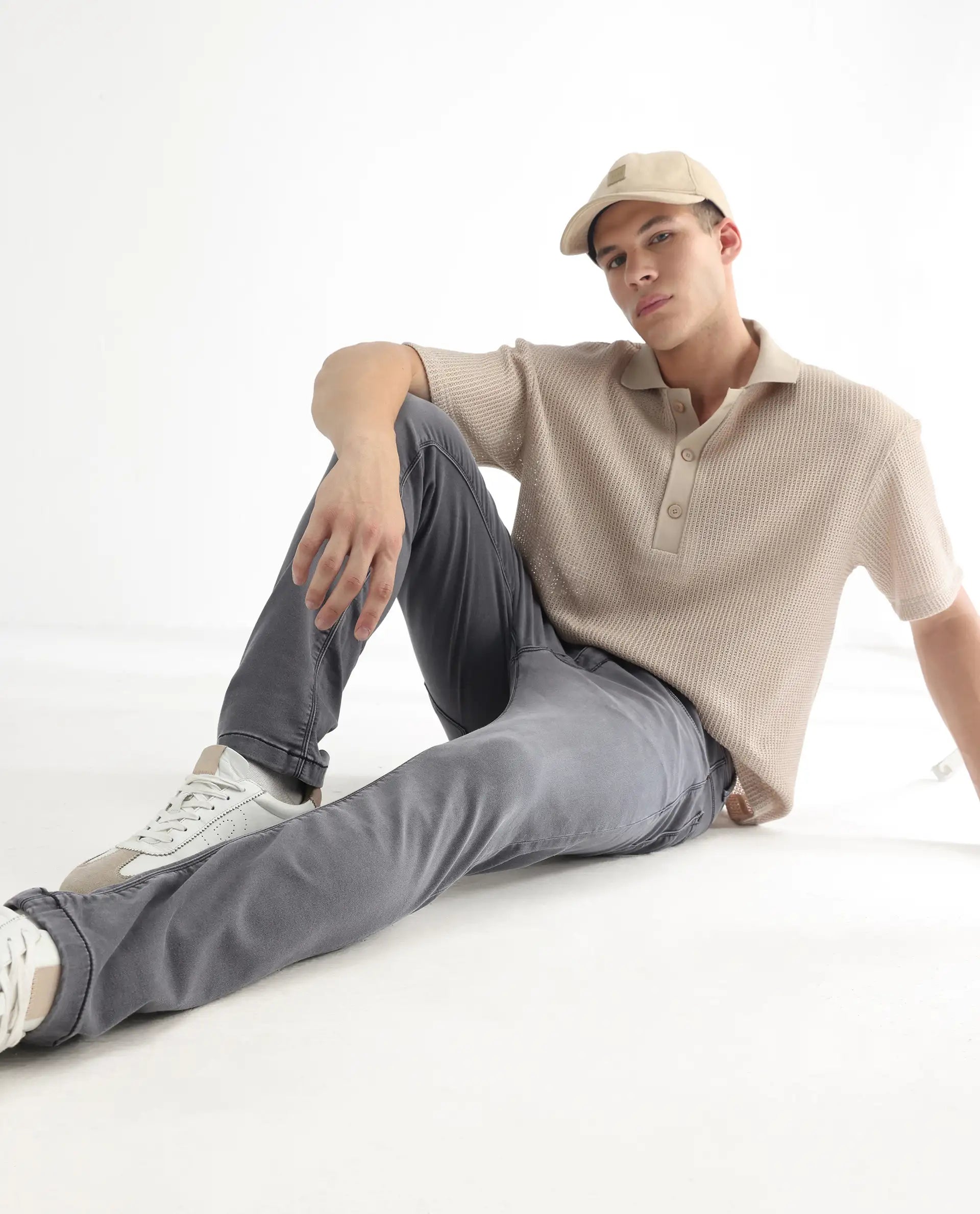 Rare Rabbit Men's Switz Dark Grey Cotton Plain Hawk Slim Fit Jeans