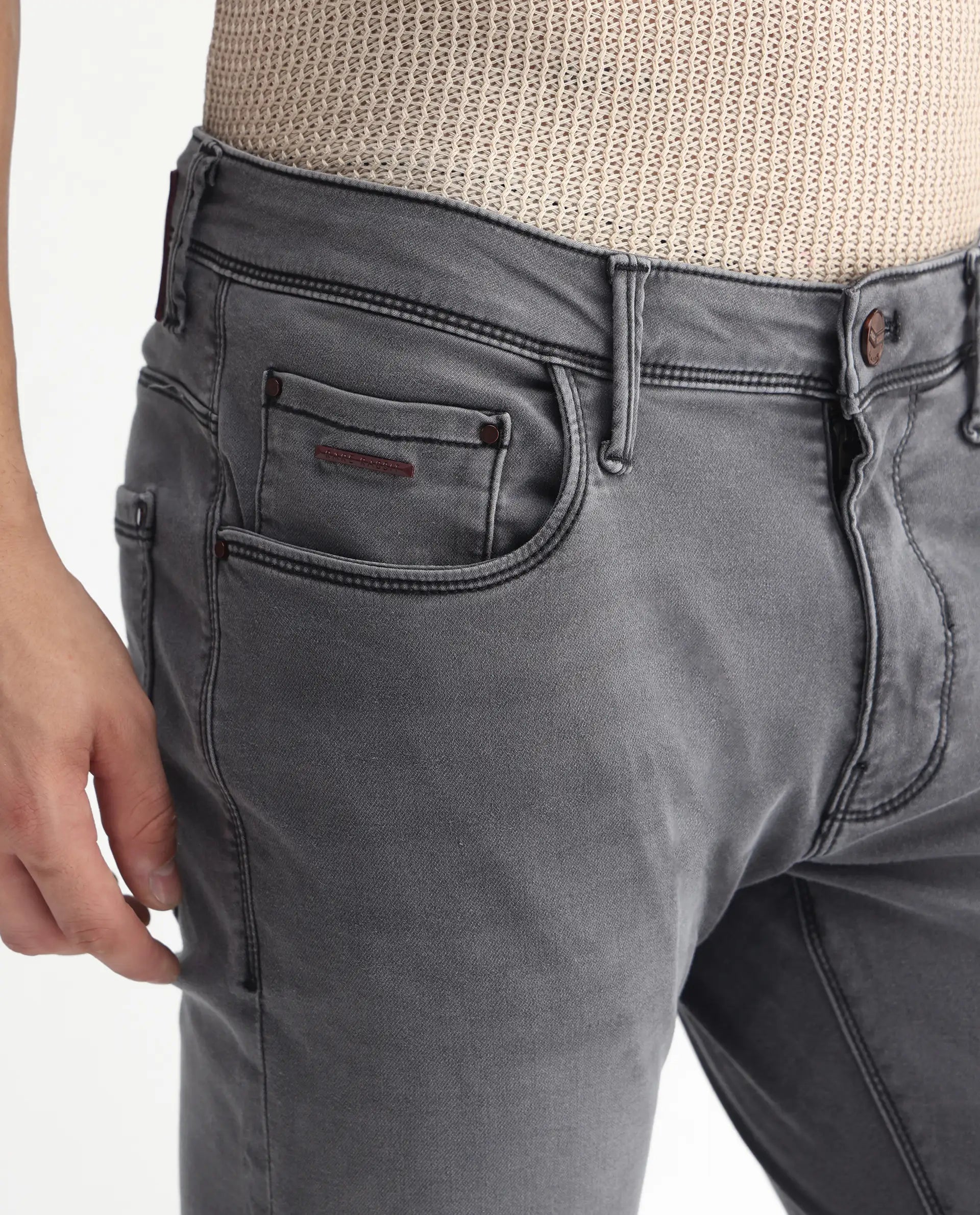 Rare Rabbit Men's Switz Dark Grey Cotton Plain Hawk Slim Fit Jeans