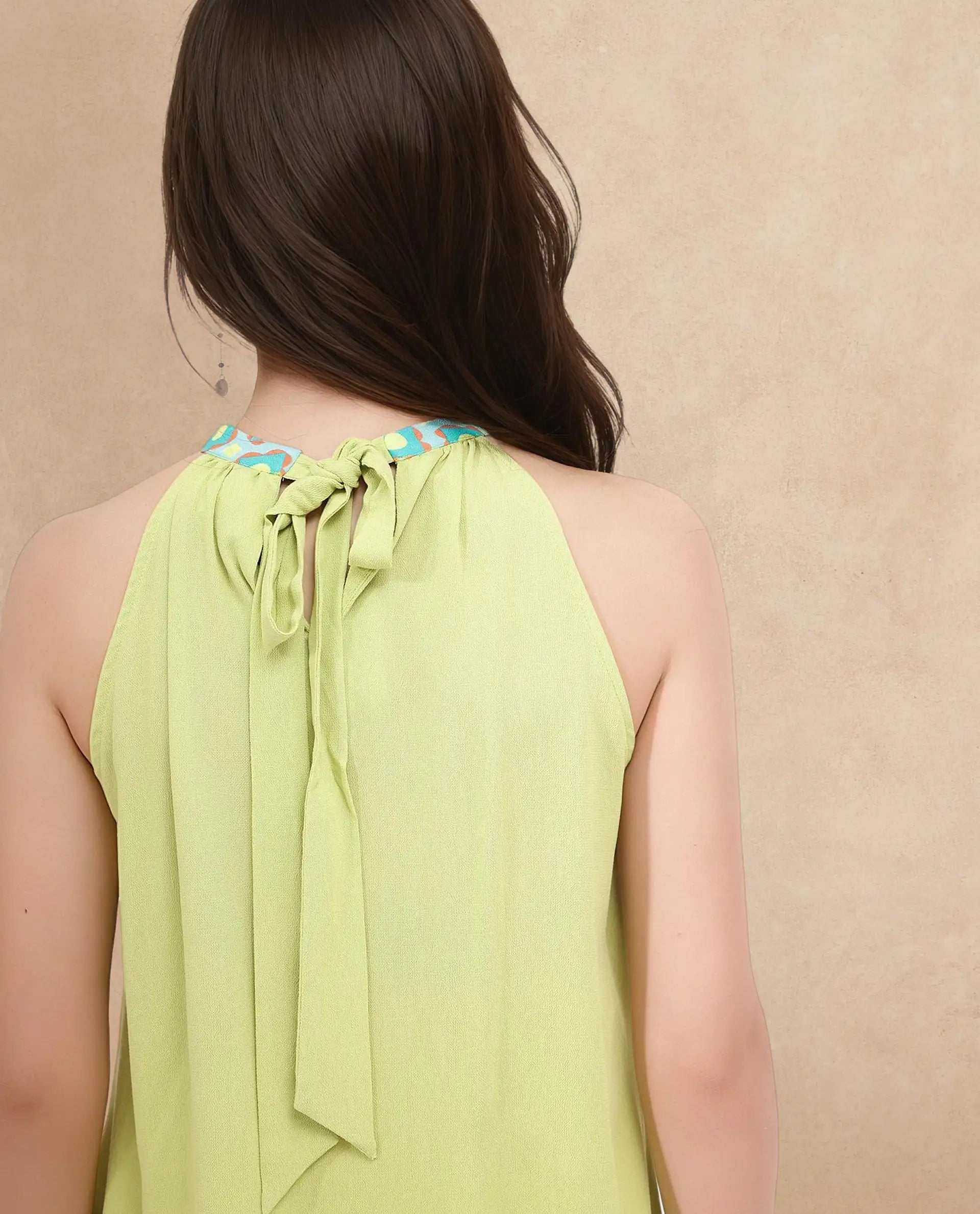 Rareism Women's Syrac Light Green Viscose Blend Halter Neck Plain Sleeveless Regular Fit Top