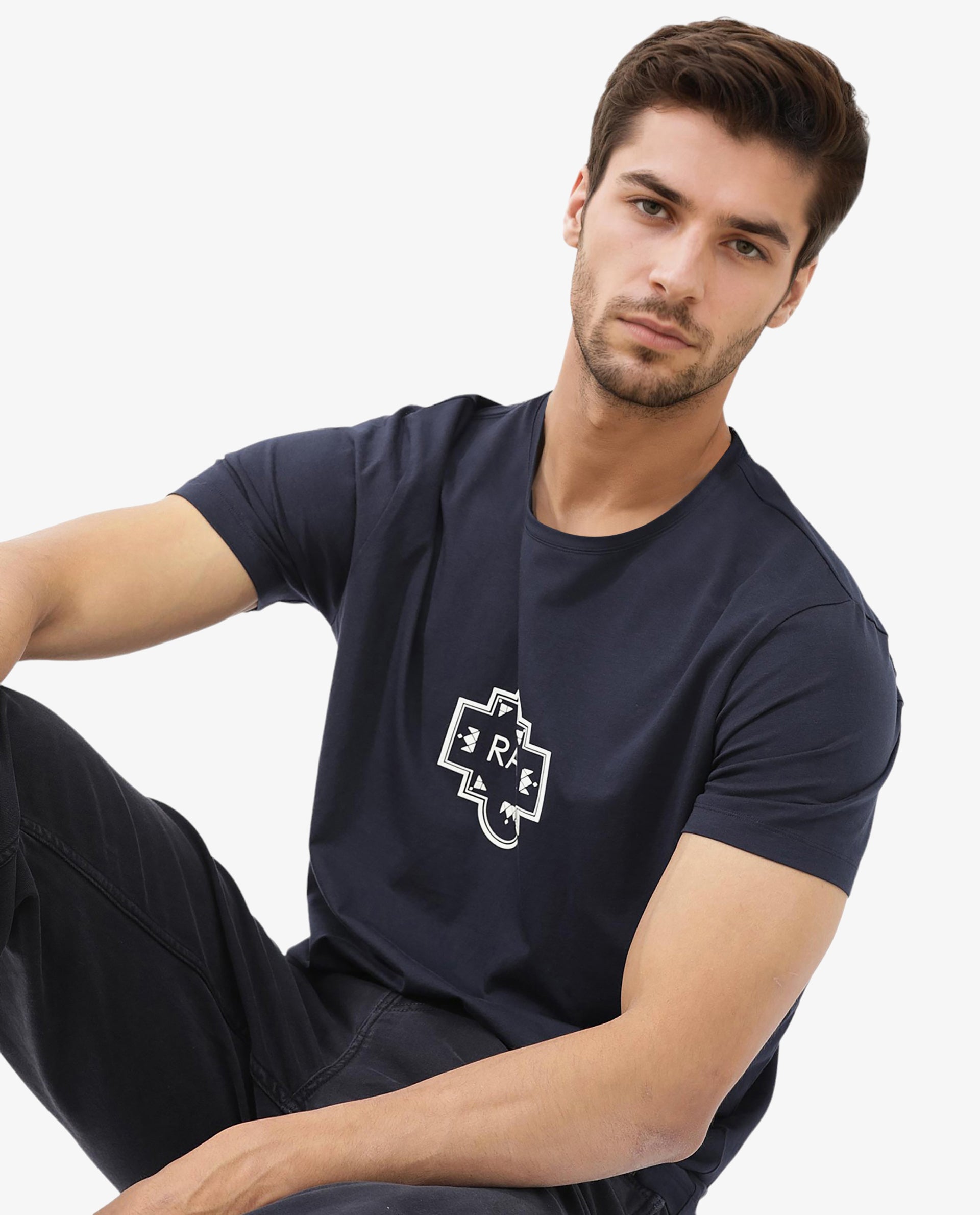 Rare Rabbit Men's Syrus Navy Cotton Lycra Fabric Half Sleeves Graphic Print T-Shirt