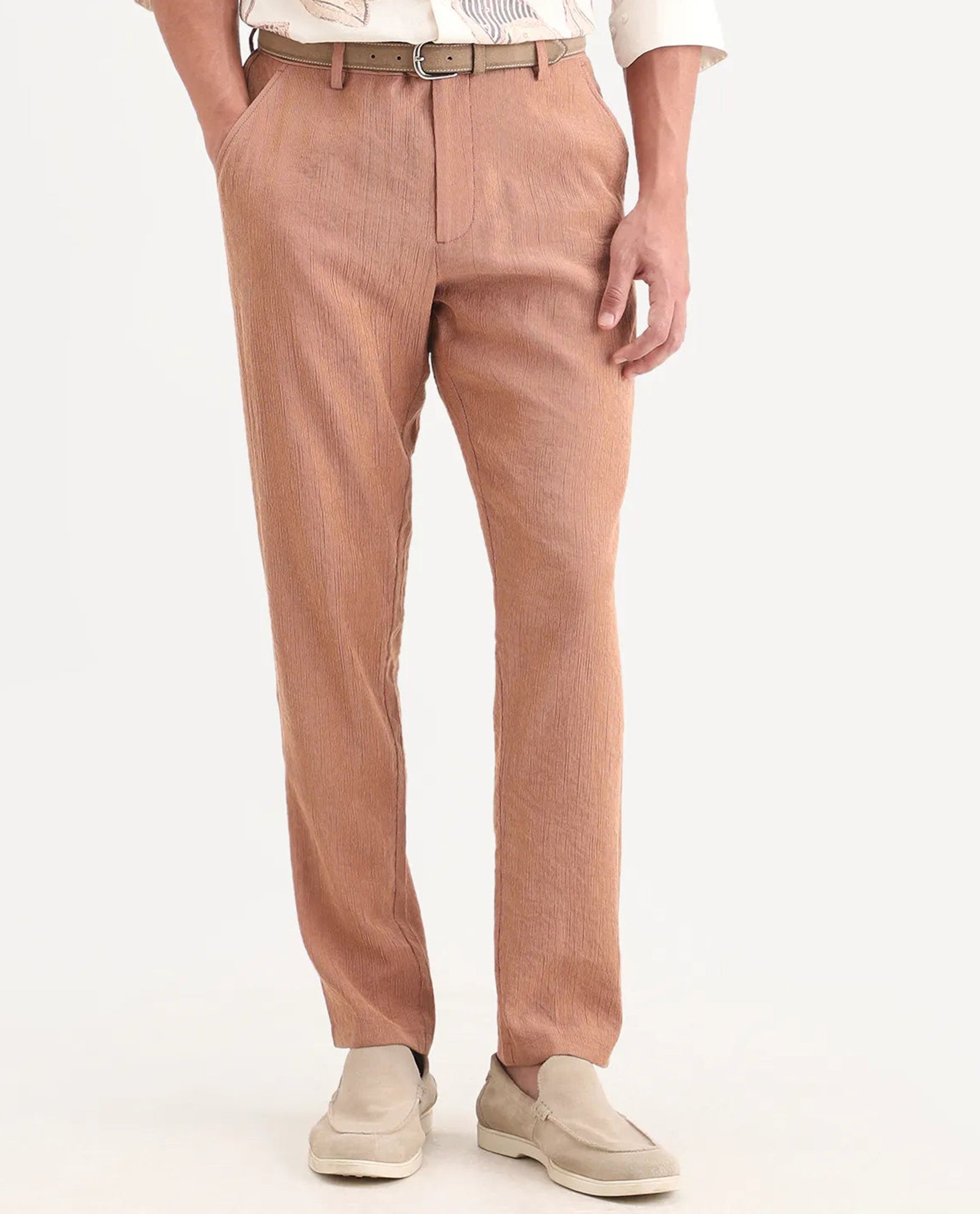Rare Rabbit Men's Tali-T Dusky Rust Viscose Blend Fabric Regular Fit Plain Trouser