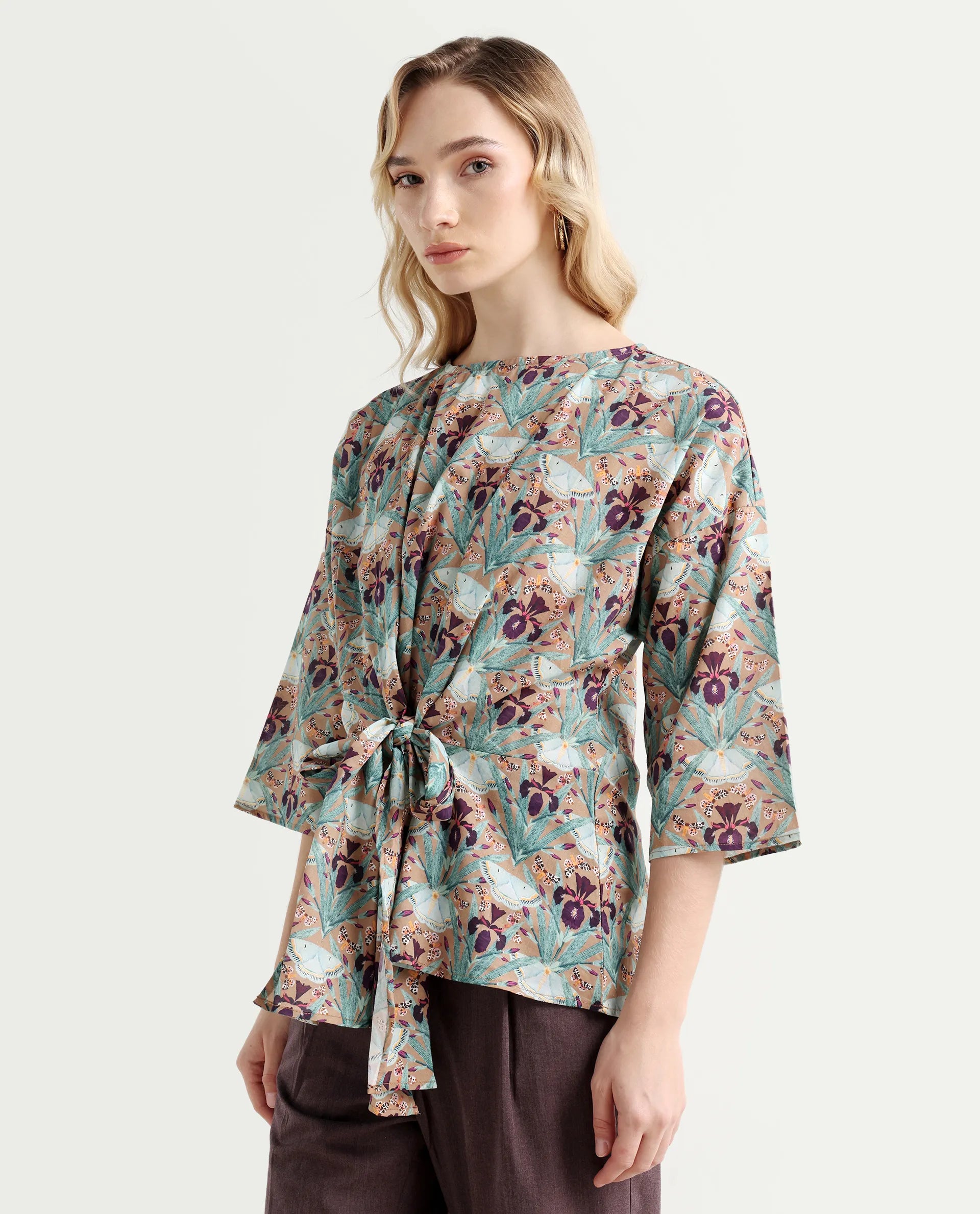 Rareism Women's Talisco Multi Cotton V-Neck Abstract Print Extended Sleeves Relaxed Fit Top