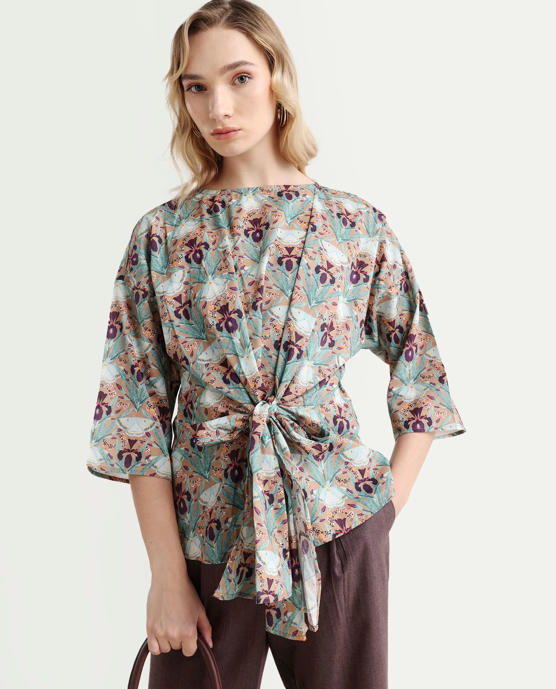 Rareism Women's Talisco Multi Cotton V-Neck Abstract Print Extended Sleeves Relaxed Fit Top