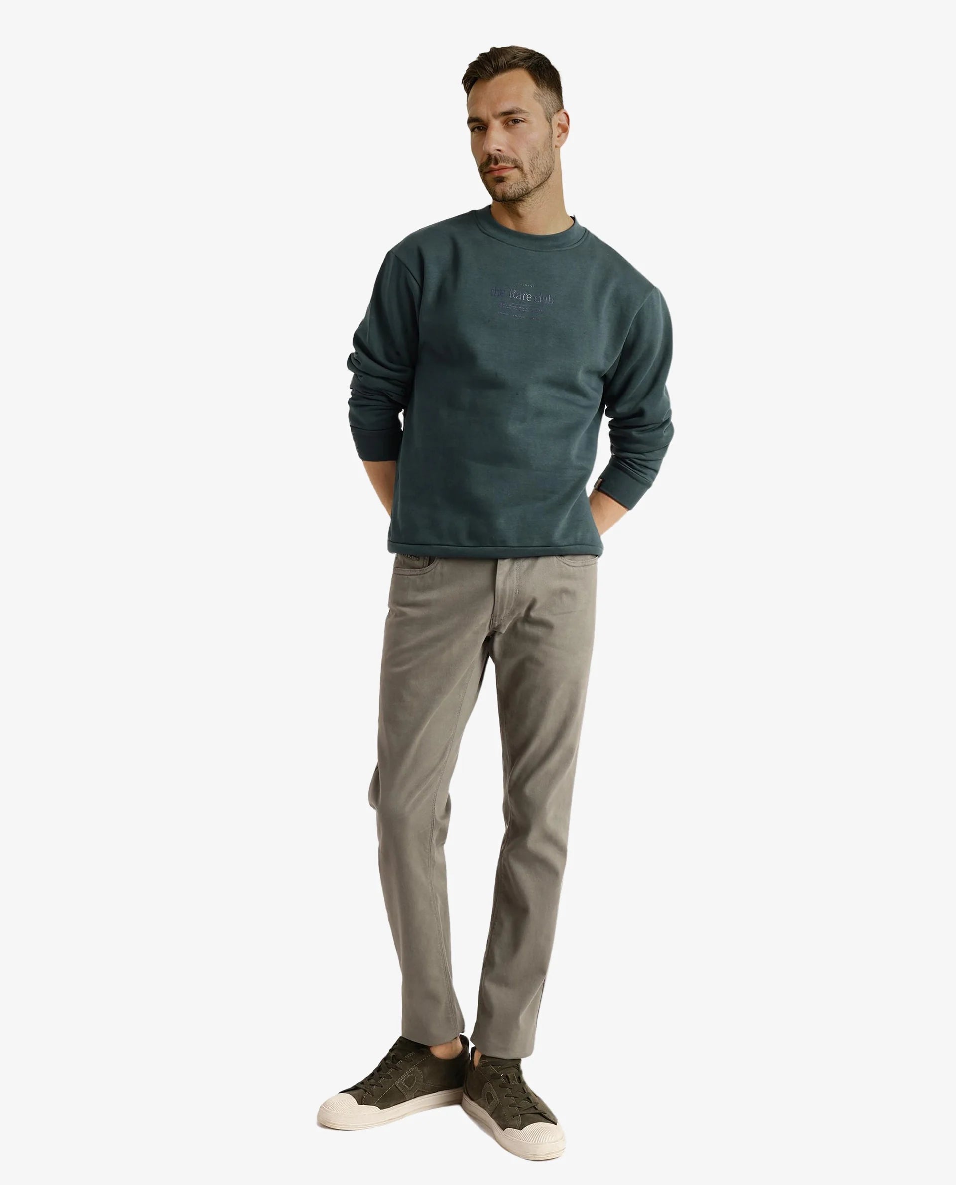 Rare Rabbit Men Tamar Dark Green Full Sleeve Crew Neck Plain Sweatshirt