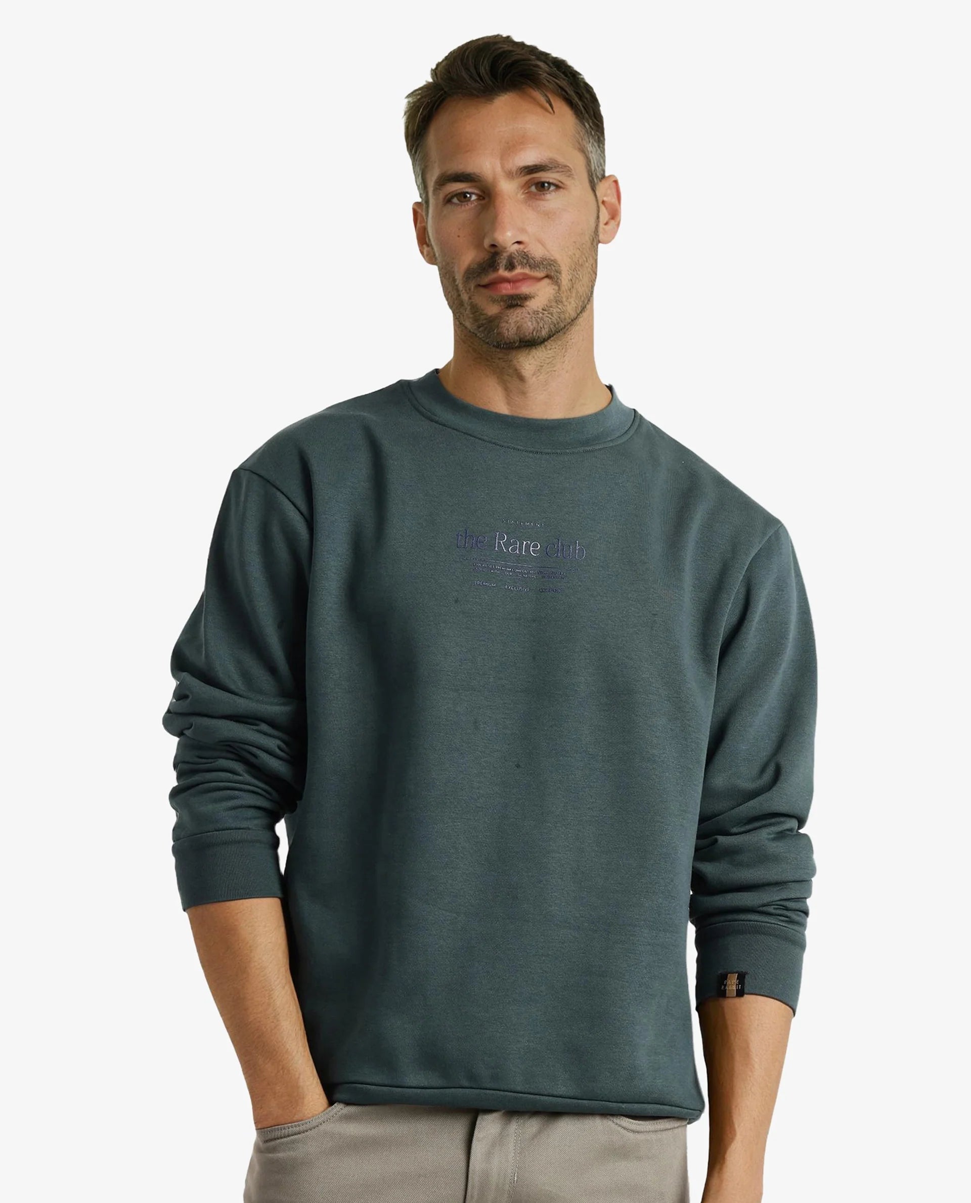 Rare Rabbit Men Tamar Dark Green Full Sleeve Crew Neck Plain Sweatshirt