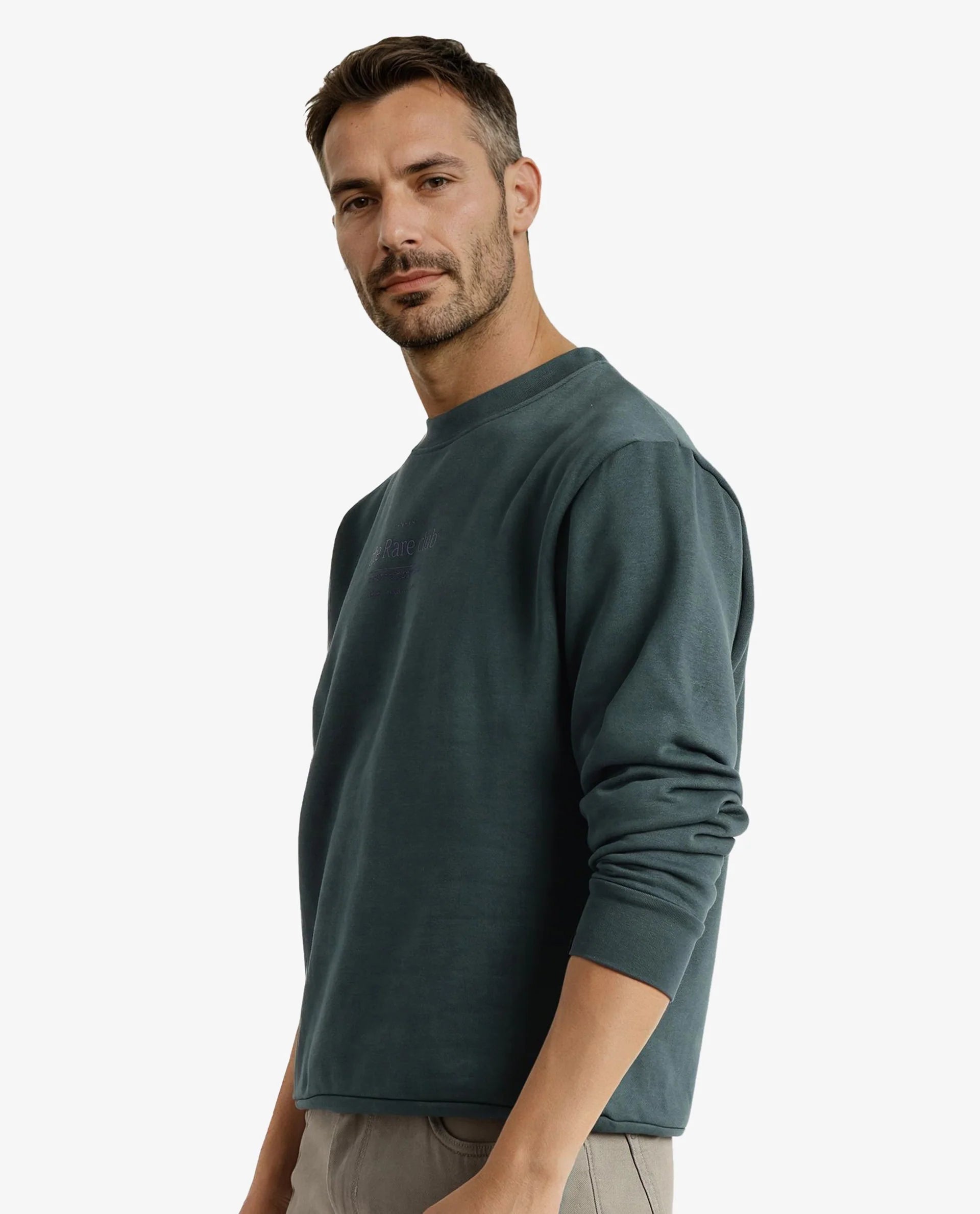 Rare Rabbit Men Tamar Dark Green Full Sleeve Crew Neck Plain Sweatshirt