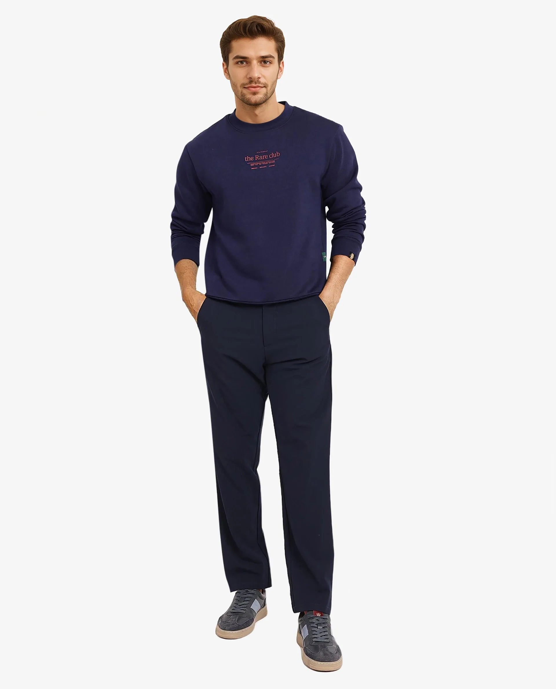 Rare Rabbit Men Tamar Navy Cotton Polyester Fabric Full Sleeve Crew Neck Regular Fit Graphic Typography Print Sweatshirt