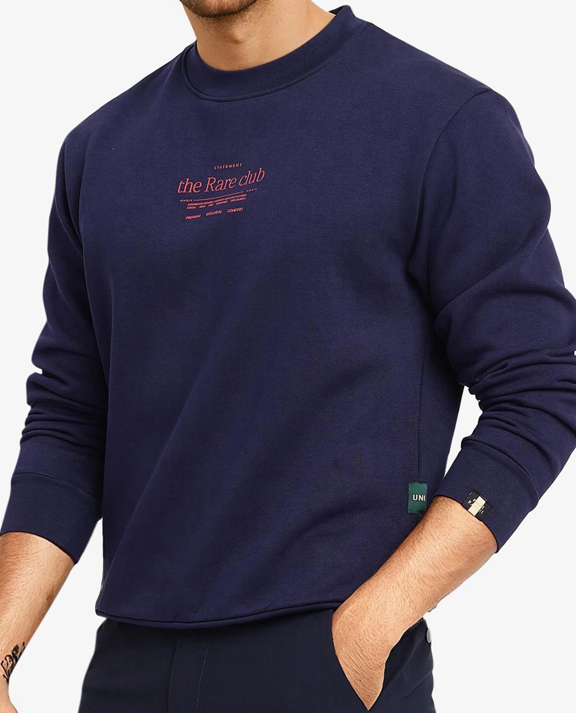 Rare Rabbit Men Tamar Navy Cotton Polyester Fabric Full Sleeve Crew Neck Regular Fit Graphic Typography Print Sweatshirt