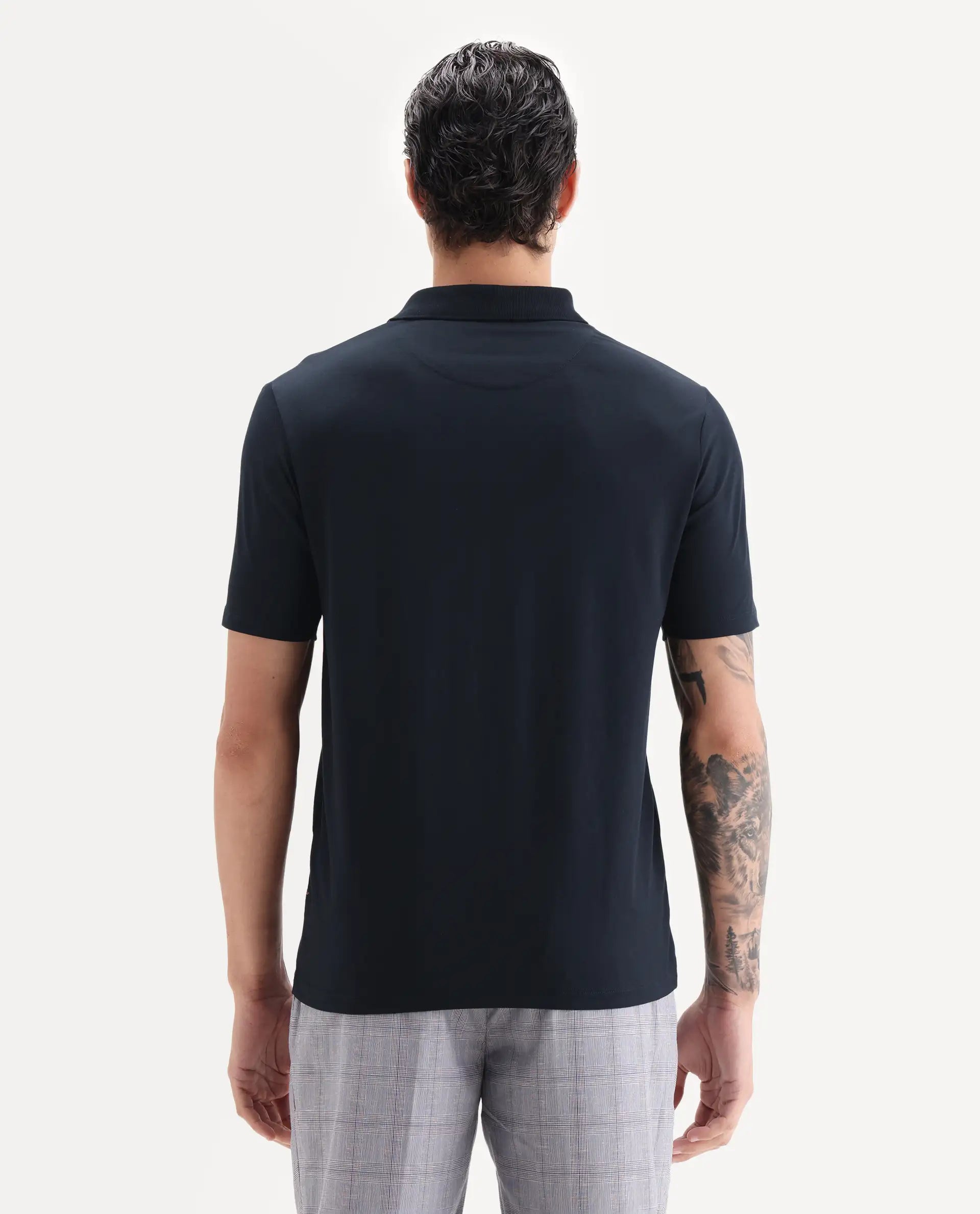 Rare Rabbit Men's Tang-1 Navy Cotton Plain Regular Fit Half Sleeve Polo