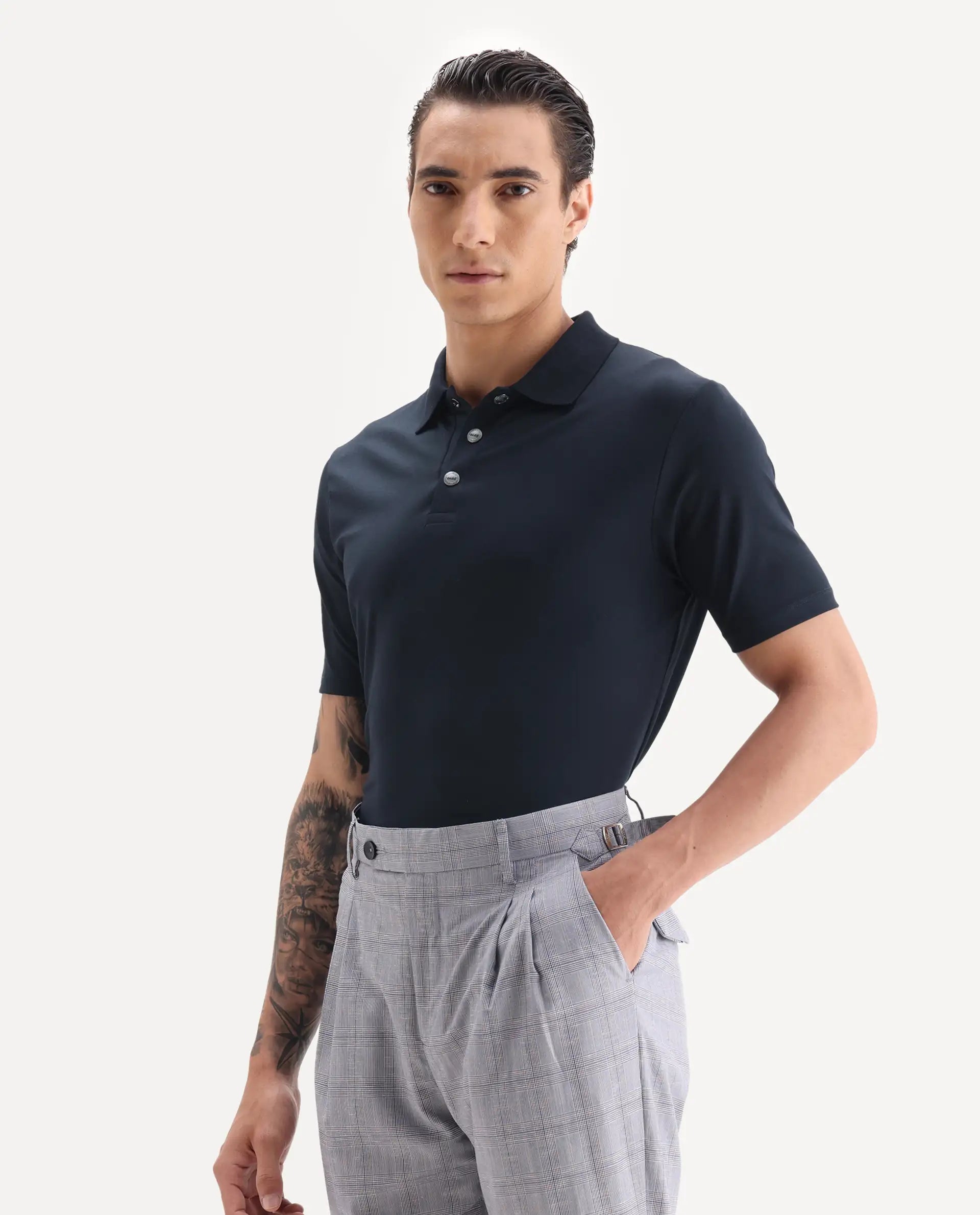 Rare Rabbit Men's Tang-1 Navy Cotton Plain Regular Fit Half Sleeve Polo