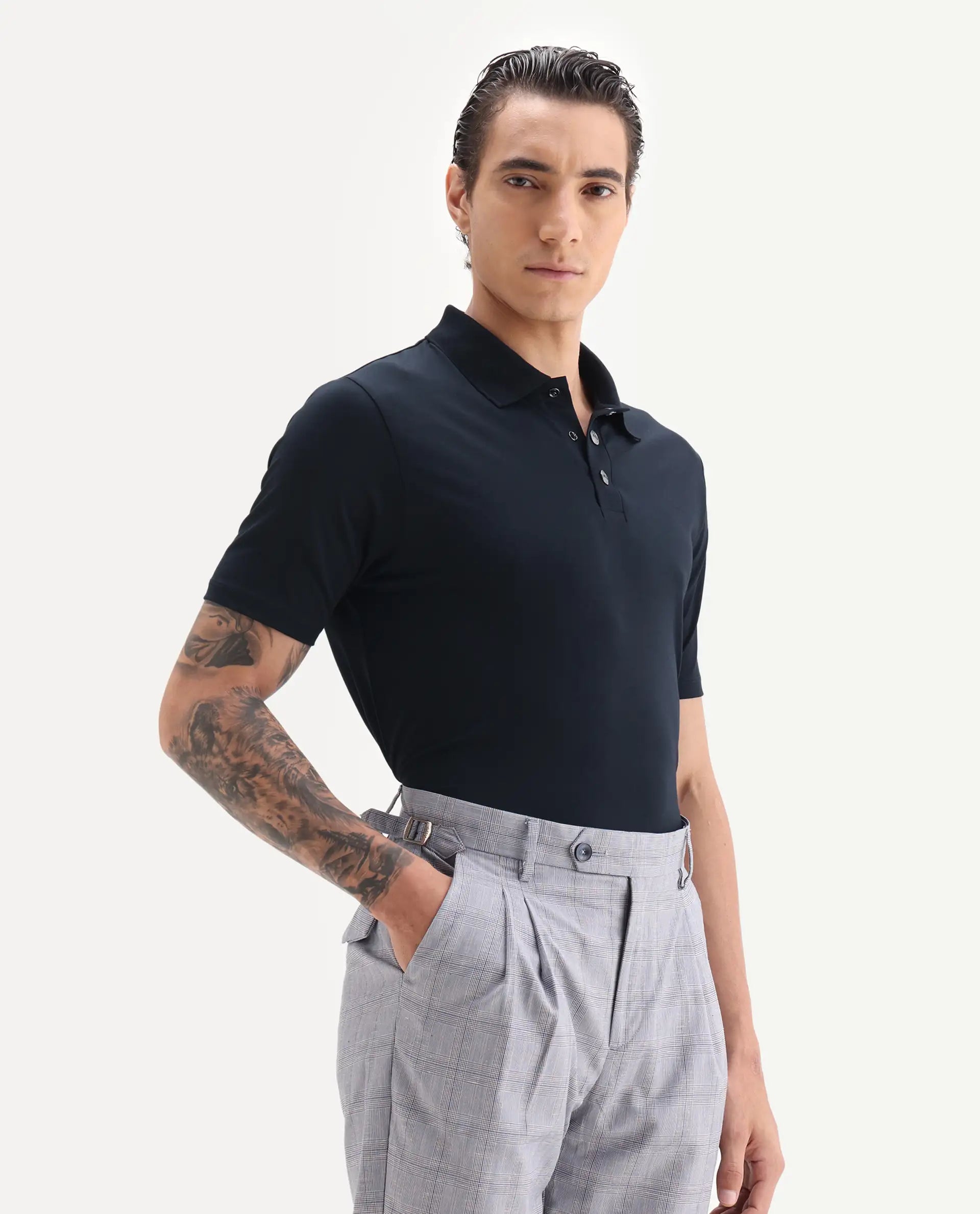 Rare Rabbit Men's Tang-1 Navy Cotton Plain Regular Fit Half Sleeve Polo