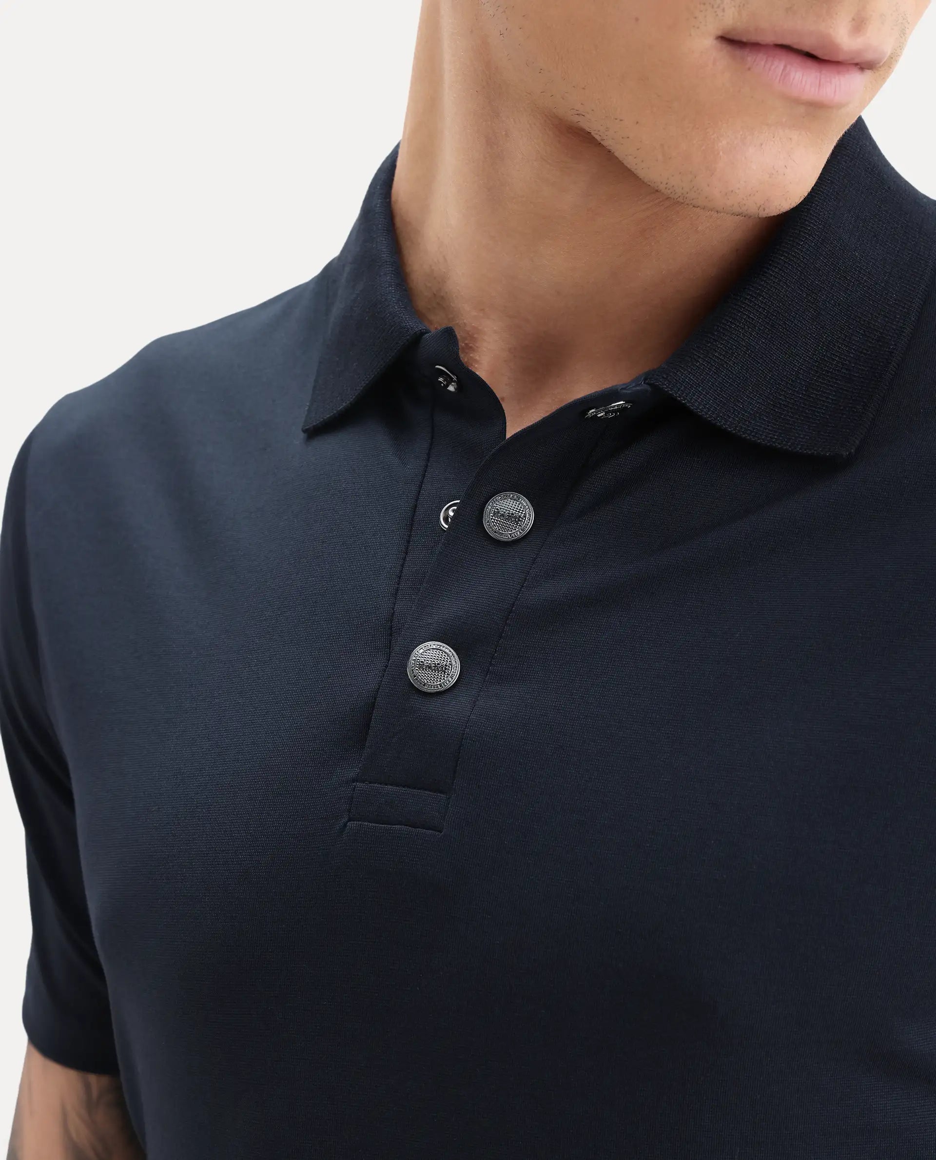Rare Rabbit Men's Tang-1 Navy Cotton Plain Regular Fit Half Sleeve Polo