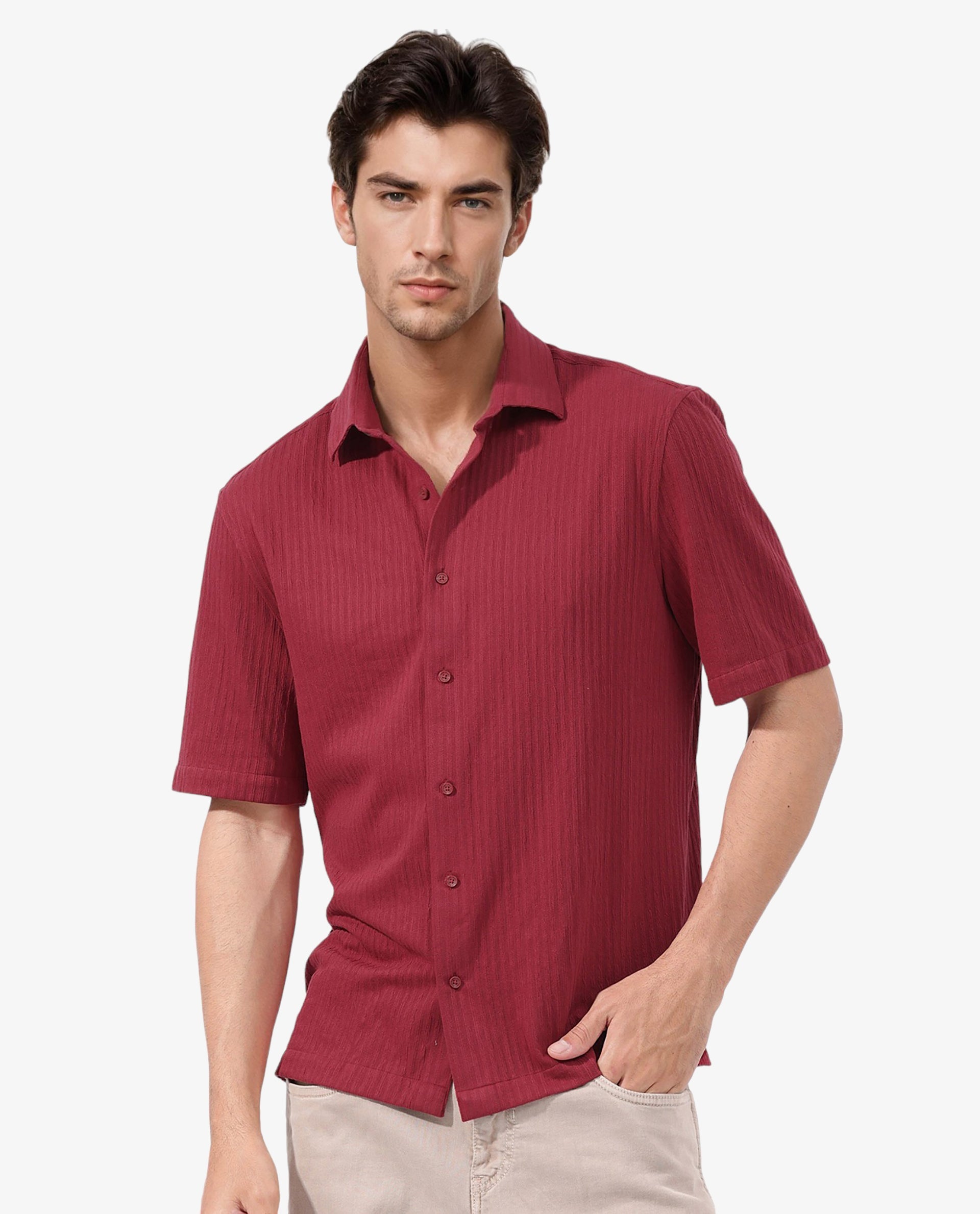 Rare Rabbit Men's Tano Red Cotton Polyester Fabric Half Sleeves Boxy Fit Self Stripe Textured Knit Shirt