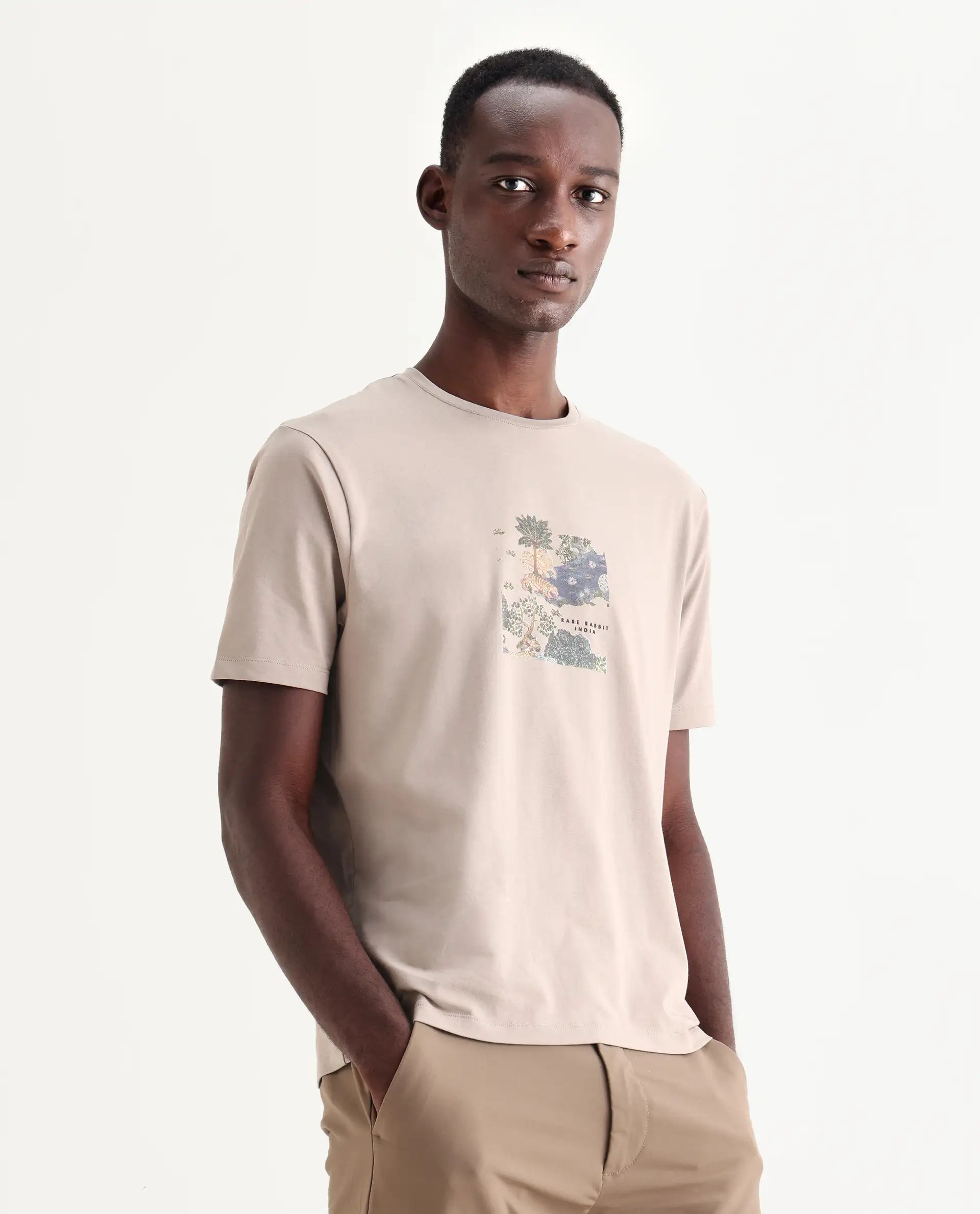 Rare Rabbit Men's Tanz Dark Beige Cotton Blend Graphic Print Regular Fit Half Sleeve Crew Neck T-Shirt