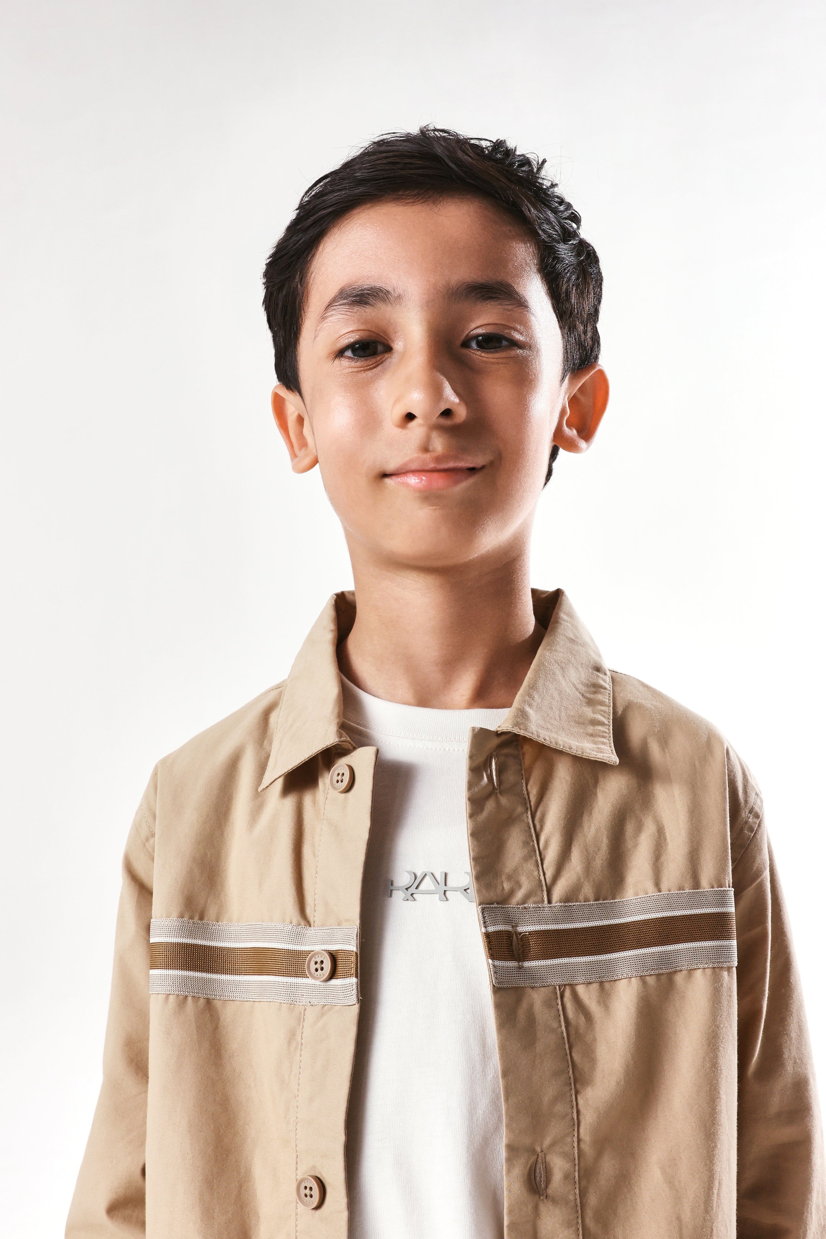 Rare Ones Kids Taper-S Beige Cotton Full Sleeve Button Closure Solid Terron Fit Shacket