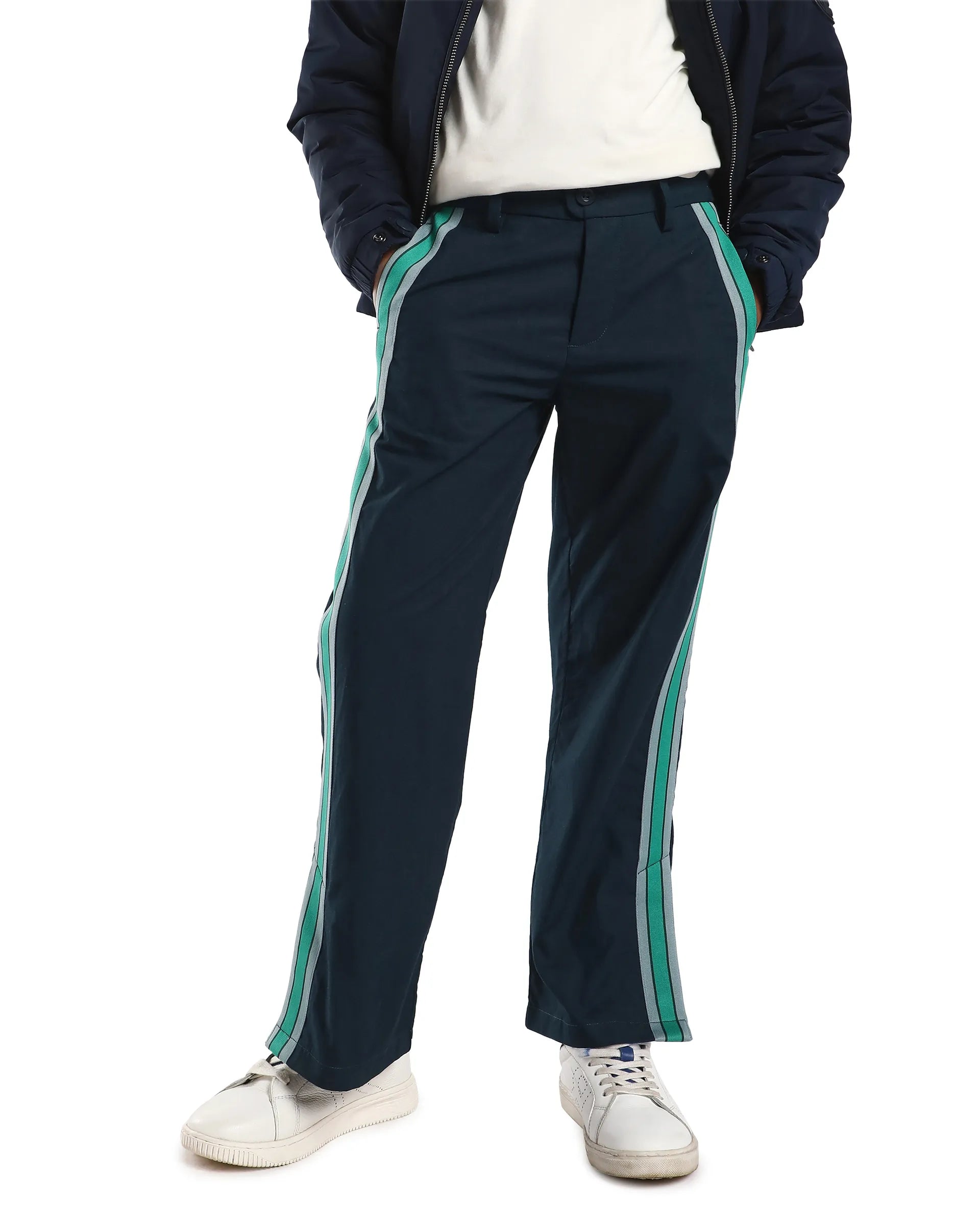 Rare Ones Kids Taper-B Navy Tape Detailed Button And Zip Closure Regular Fit Cotton Trouser