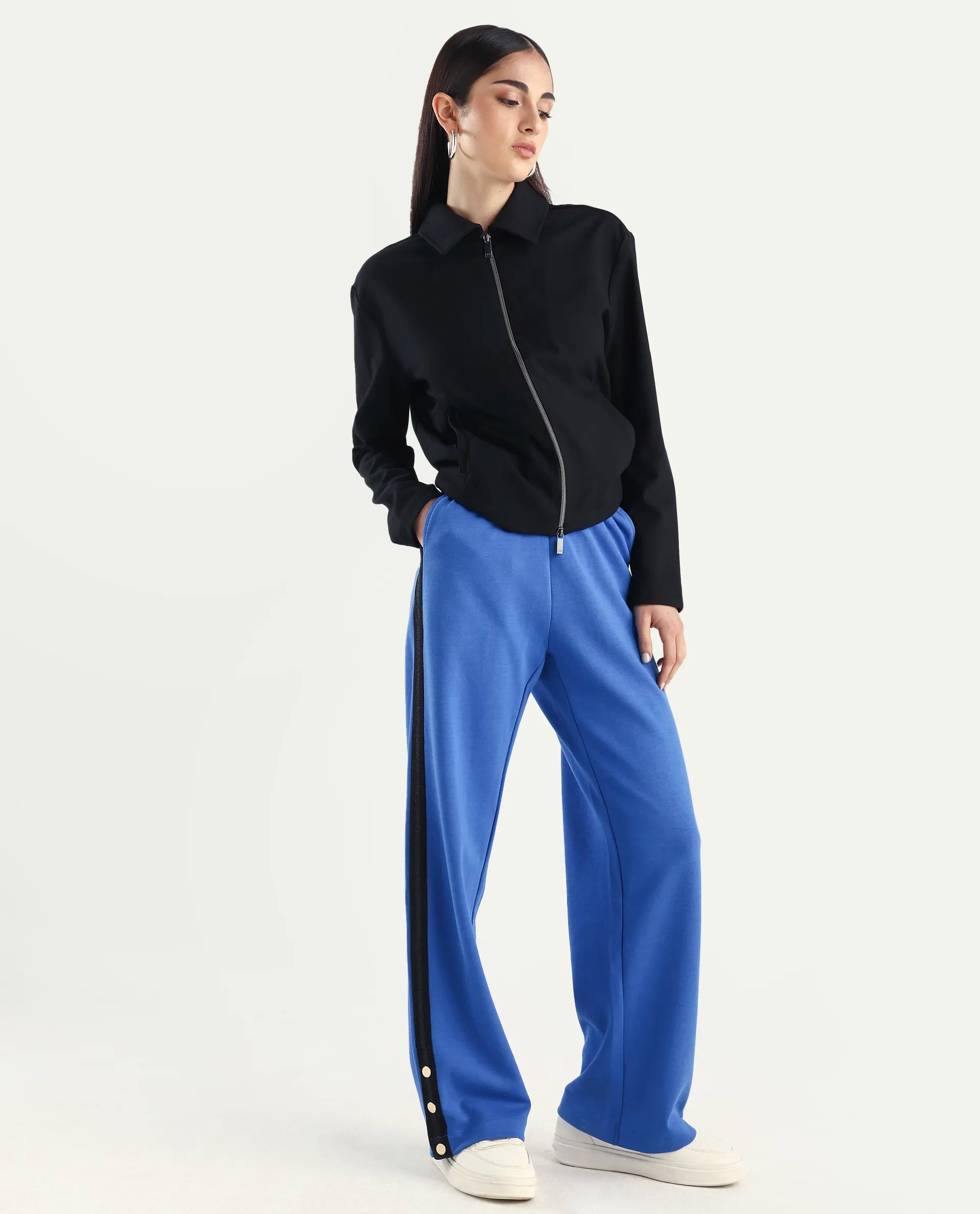 Rareism Women's Tappy Blue Cotton Blend Plain Ankle Length Regular Fit Track Pant