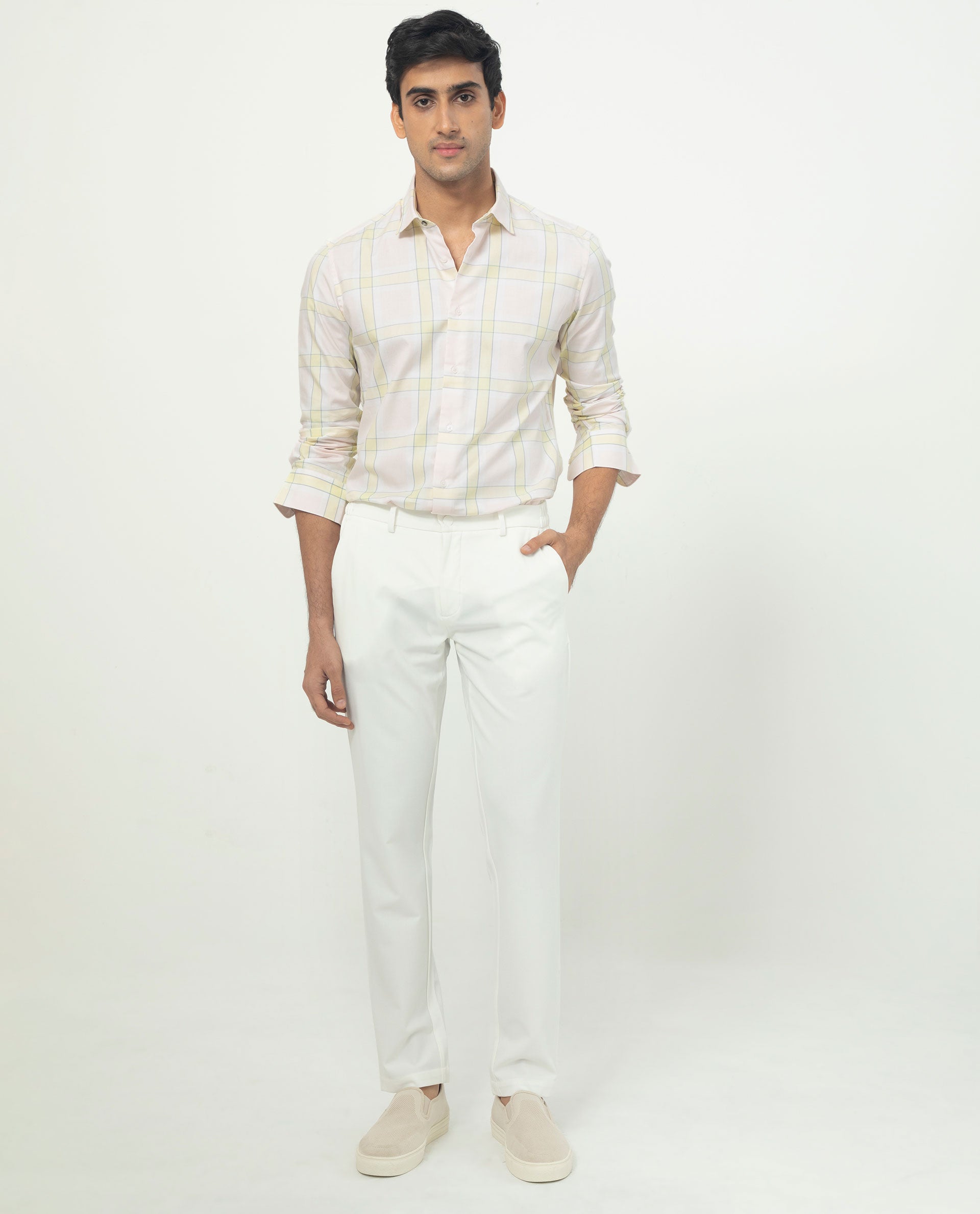 Rare Rabbit Men's Tarkin Light Pink Cotton Fabric Full Sleeves Checks Shirt