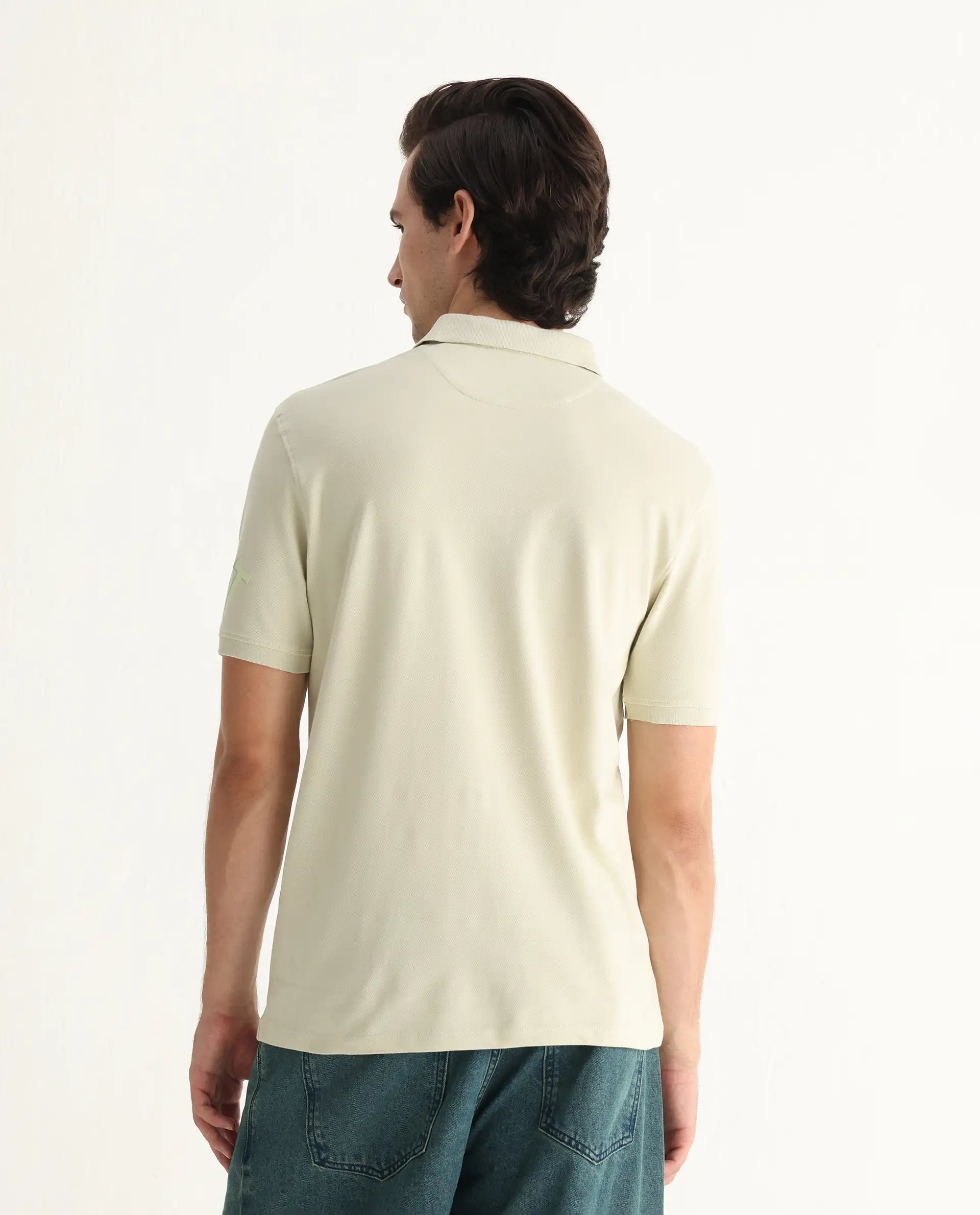 Rare Rabbit Men's Taro Dusky Green Cotton Plain Regular Fit Half Sleeve Polo