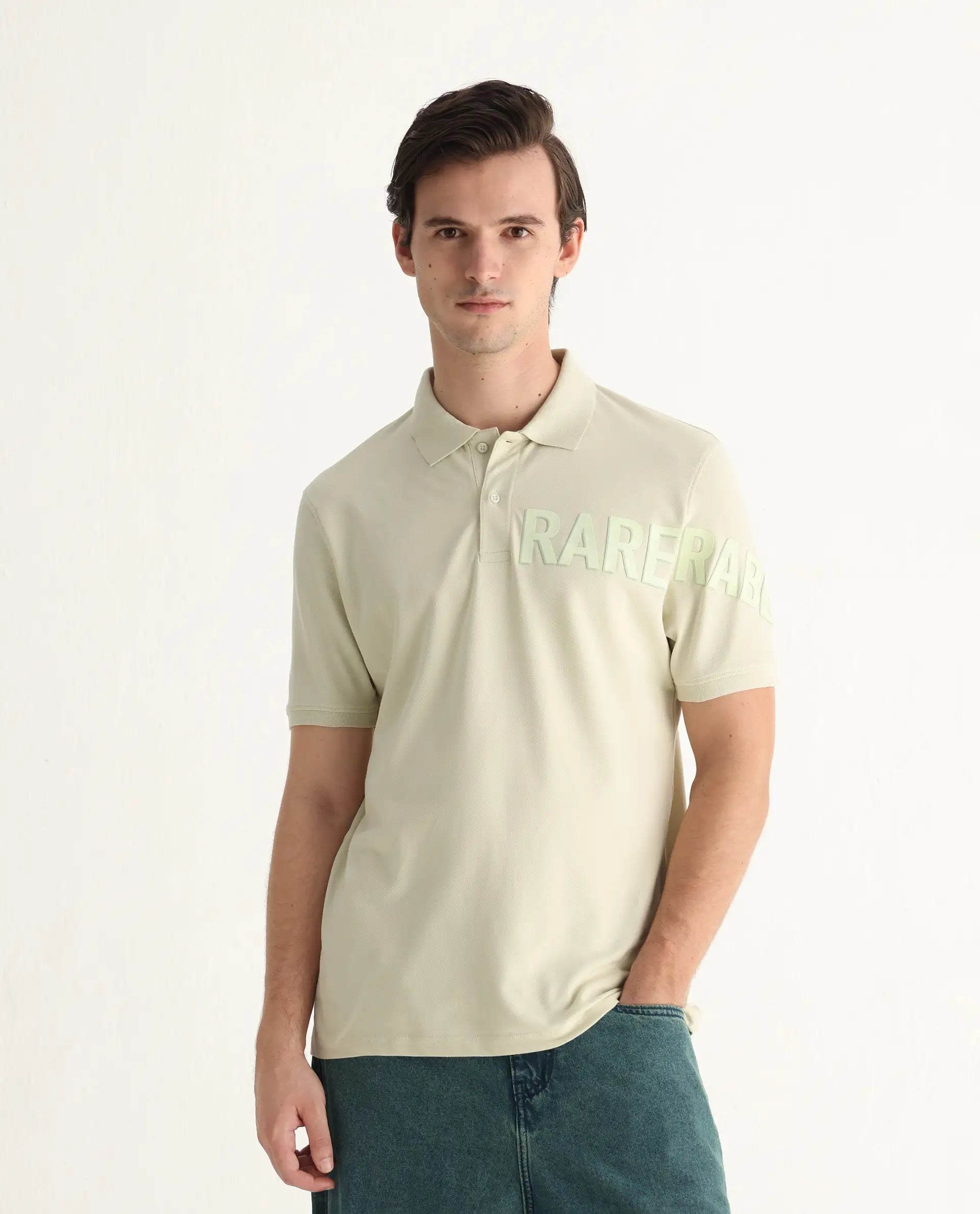 Rare Rabbit Men's Taro Dusky Green Cotton Plain Regular Fit Half Sleeve Polo