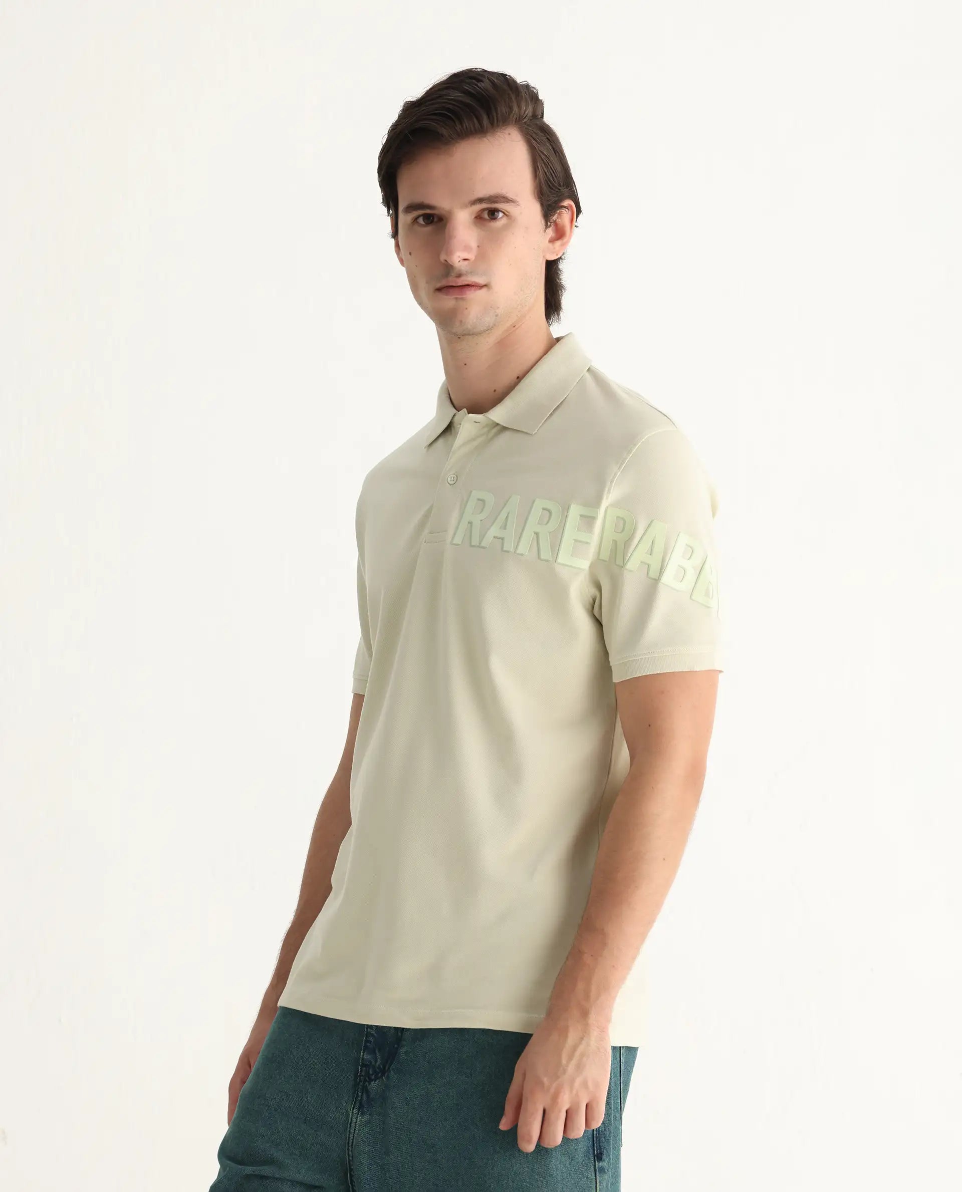 Rare Rabbit Men's Taro Dusky Green Cotton Plain Regular Fit Half Sleeve Polo