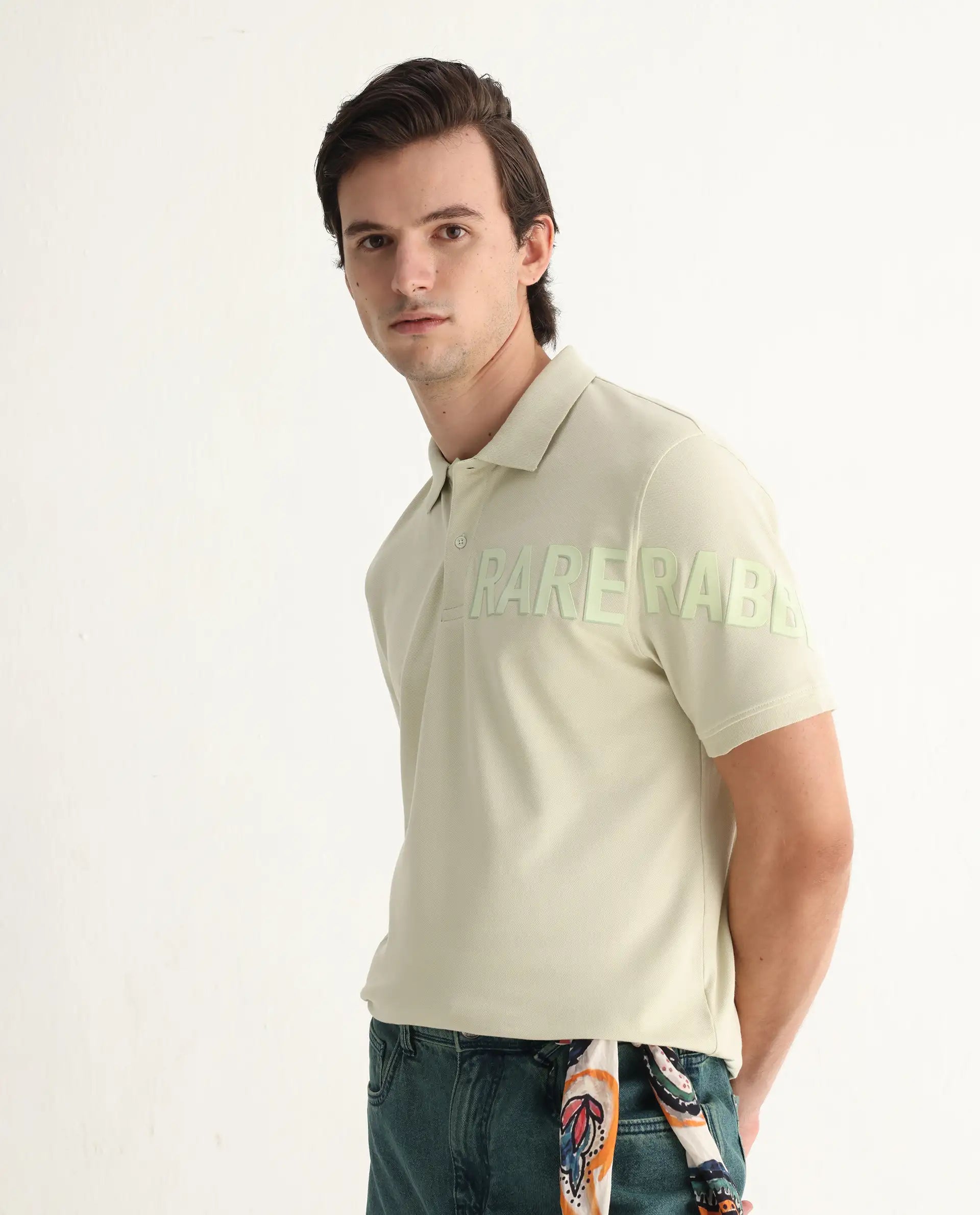 Rare Rabbit Men's Taro Dusky Green Cotton Plain Regular Fit Half Sleeve Polo