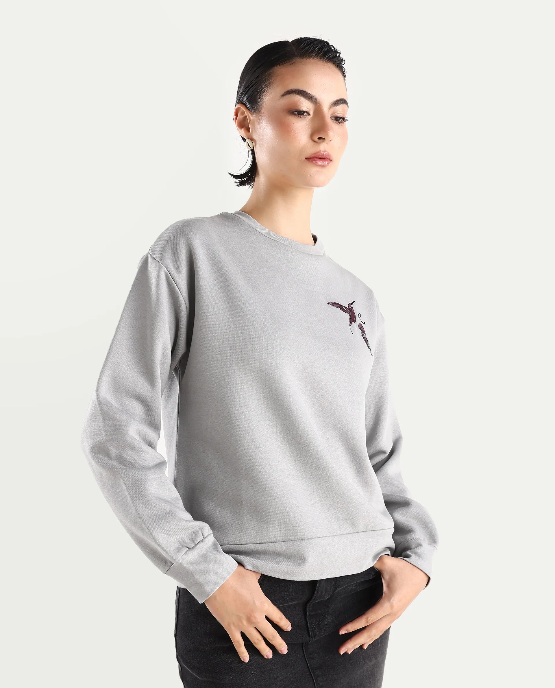 Rareism Women's Taur Grey Cotton Blend Crew Neck Graphic Print Relaxed Fit Sweatshirt