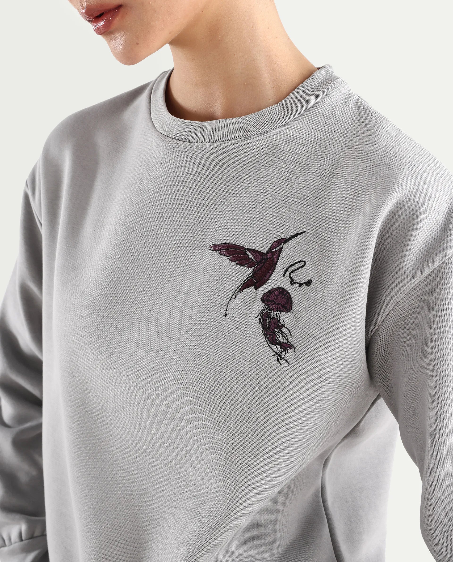 Rareism Women's Taur Grey Cotton Blend Crew Neck Graphic Print Relaxed Fit Sweatshirt