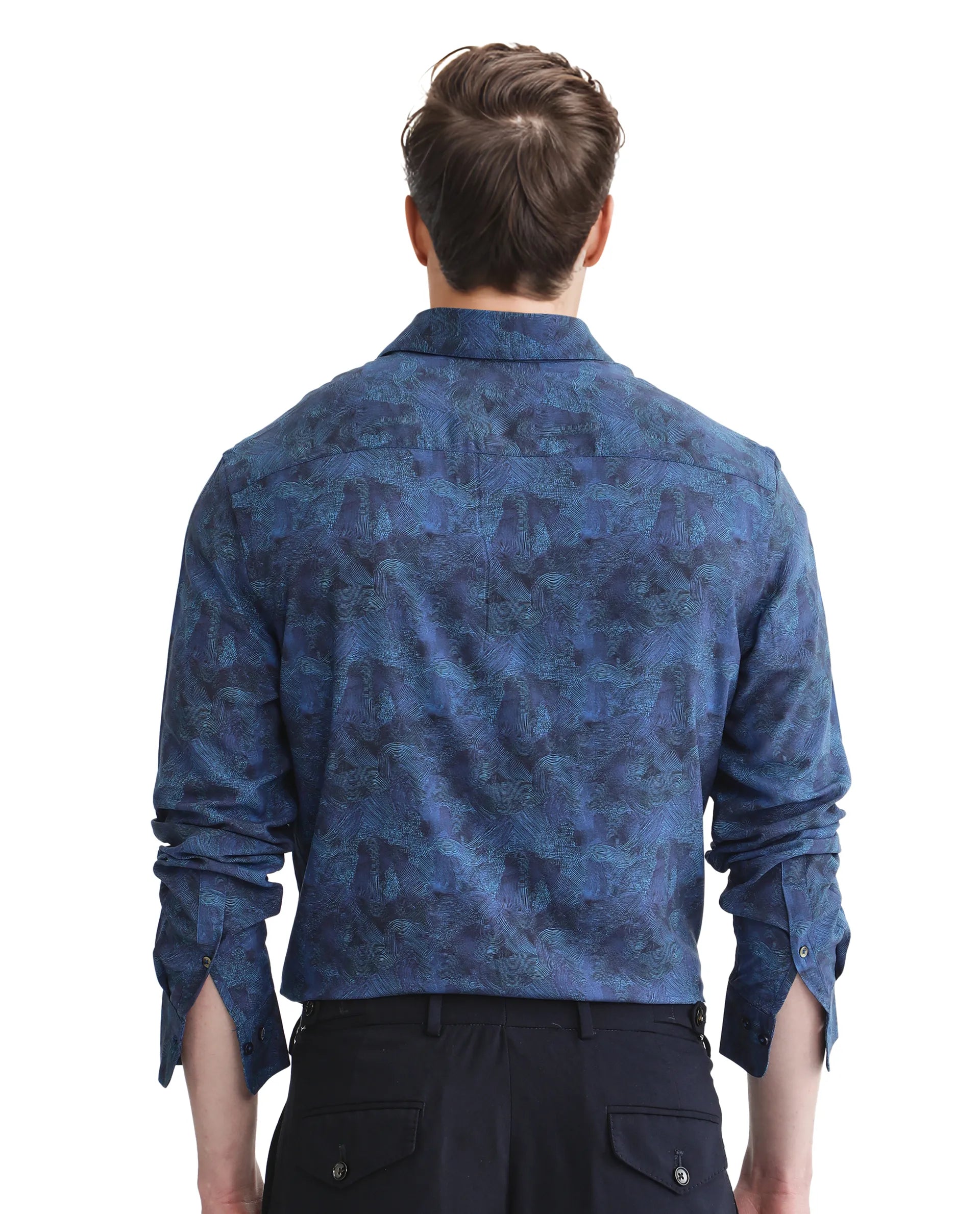 Rare Rabbit Men Taylor Navy Viscose Fabric Printed Shirt