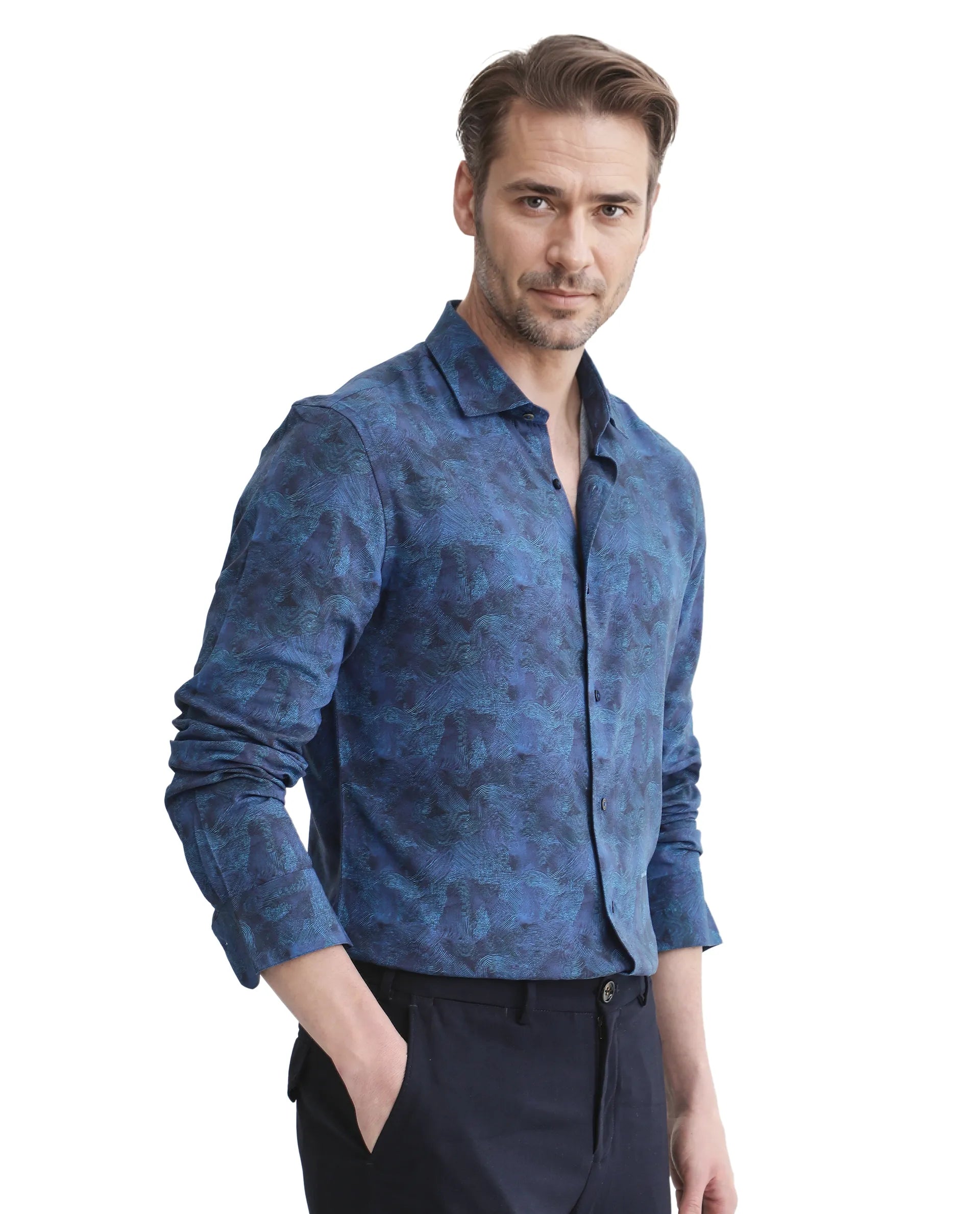 Rare Rabbit Men Taylor Navy Viscose Fabric Printed Shirt