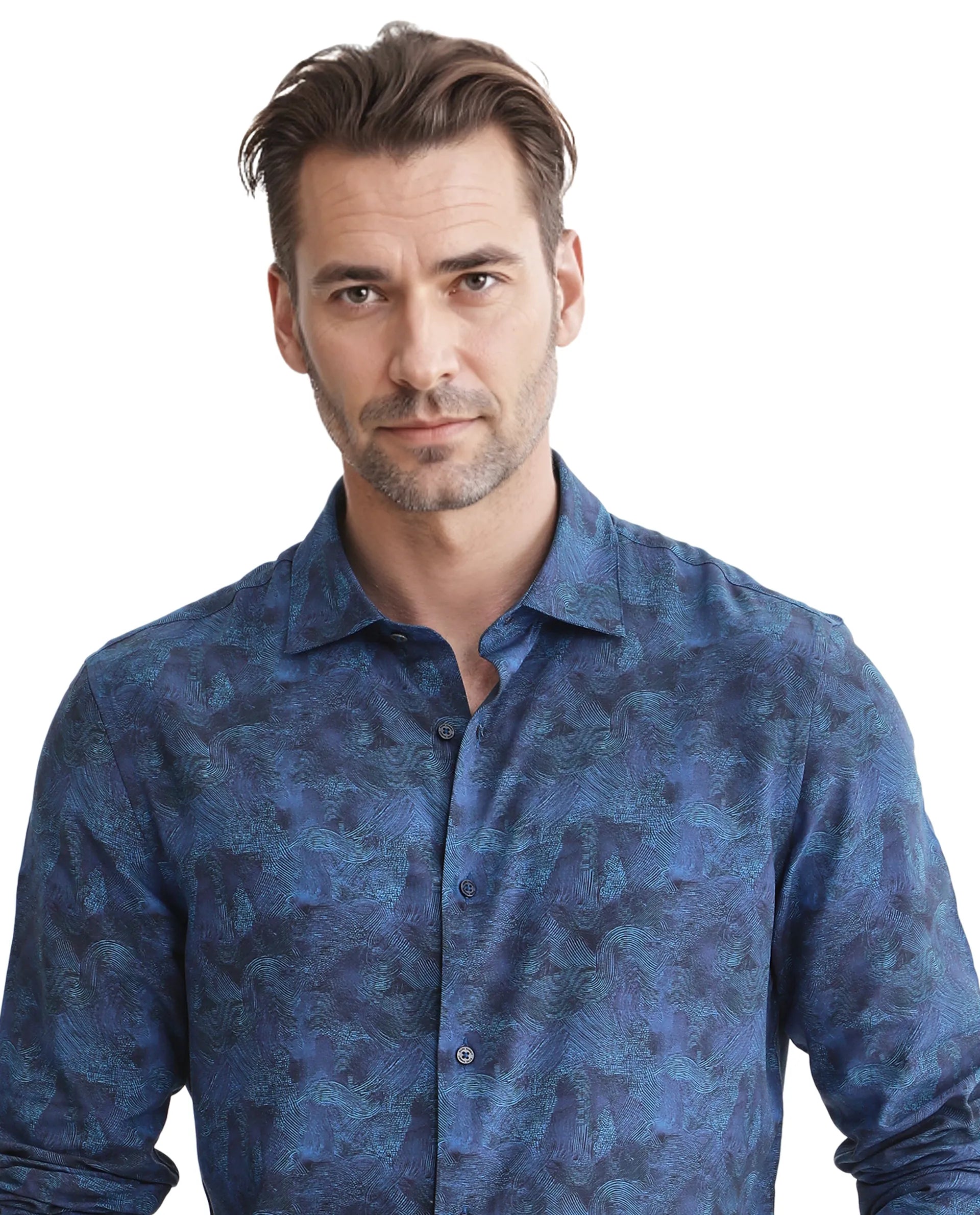 Rare Rabbit Men Taylor Navy Viscose Fabric Printed Shirt