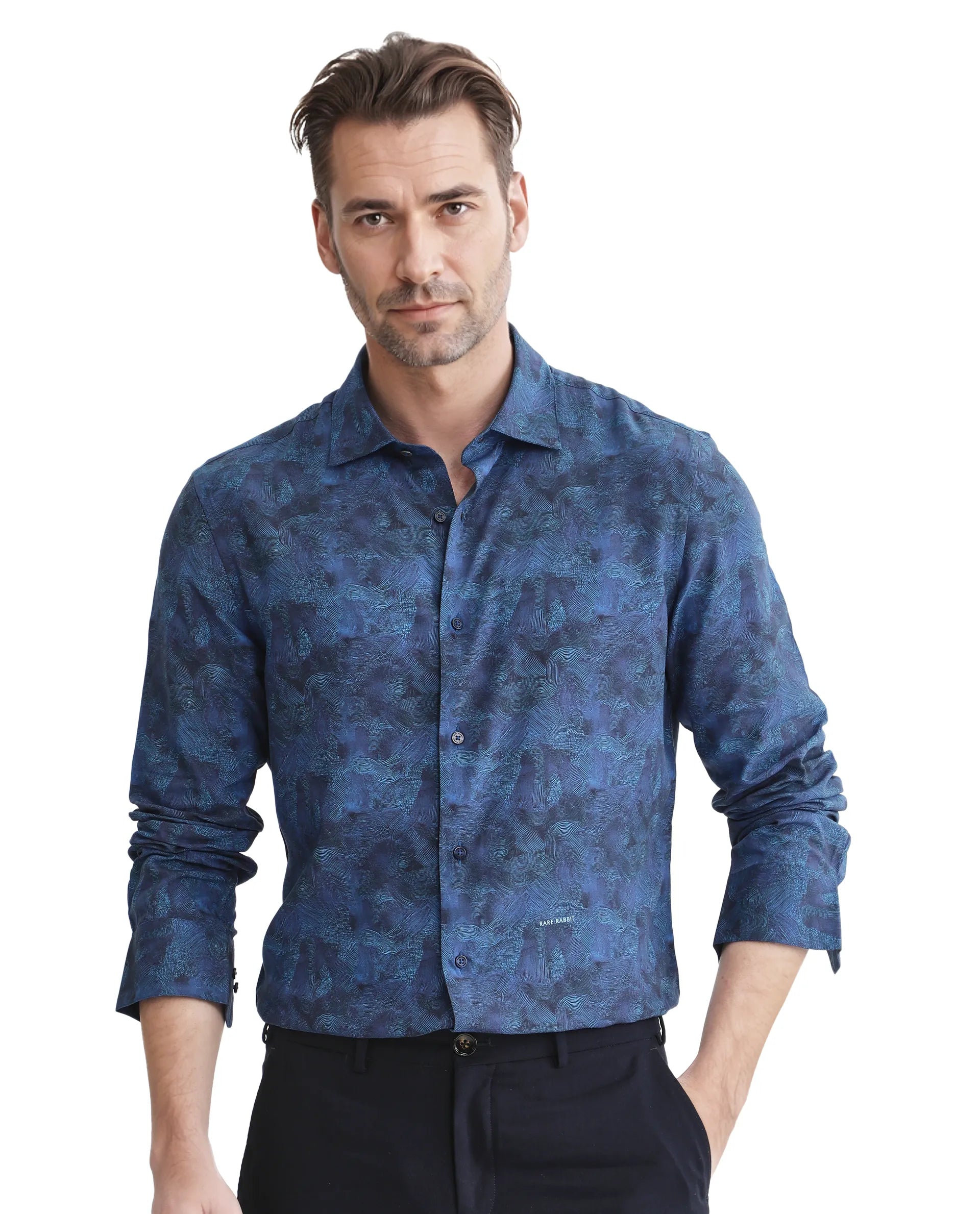Rare Rabbit Men Taylor Navy Viscose Fabric Printed Shirt