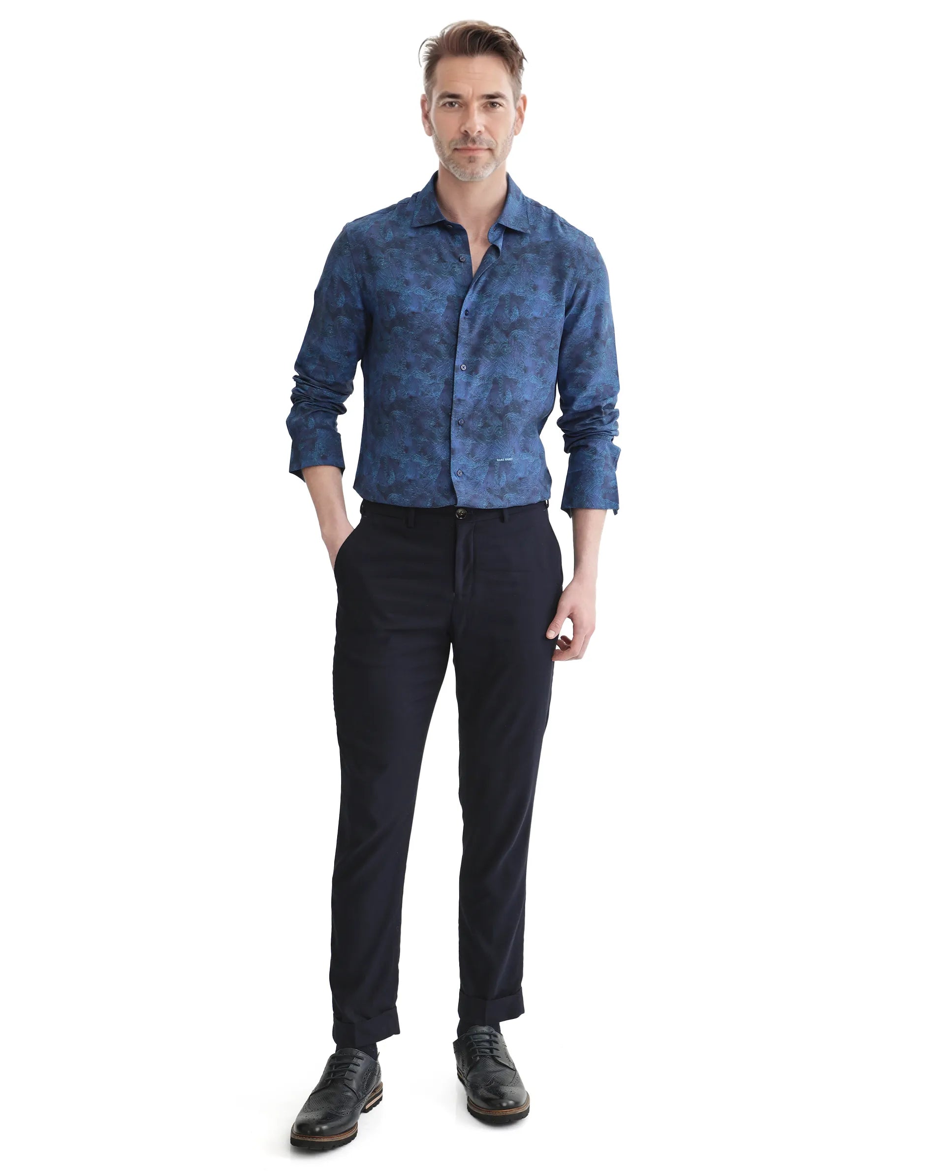 Rare Rabbit Men Taylor Navy Viscose Fabric Printed Shirt