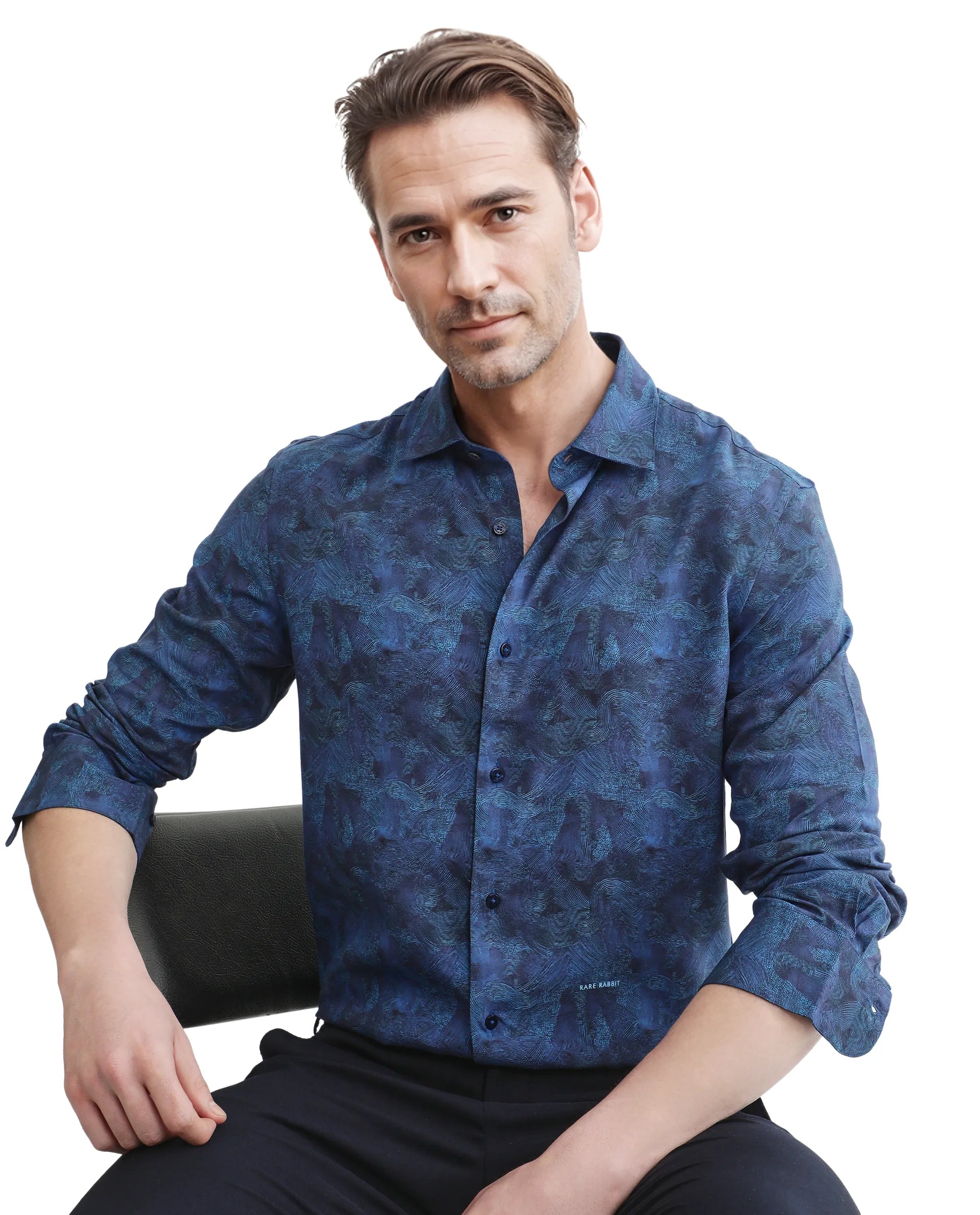 Rare Rabbit Men Taylor Navy Viscose Fabric Printed Shirt