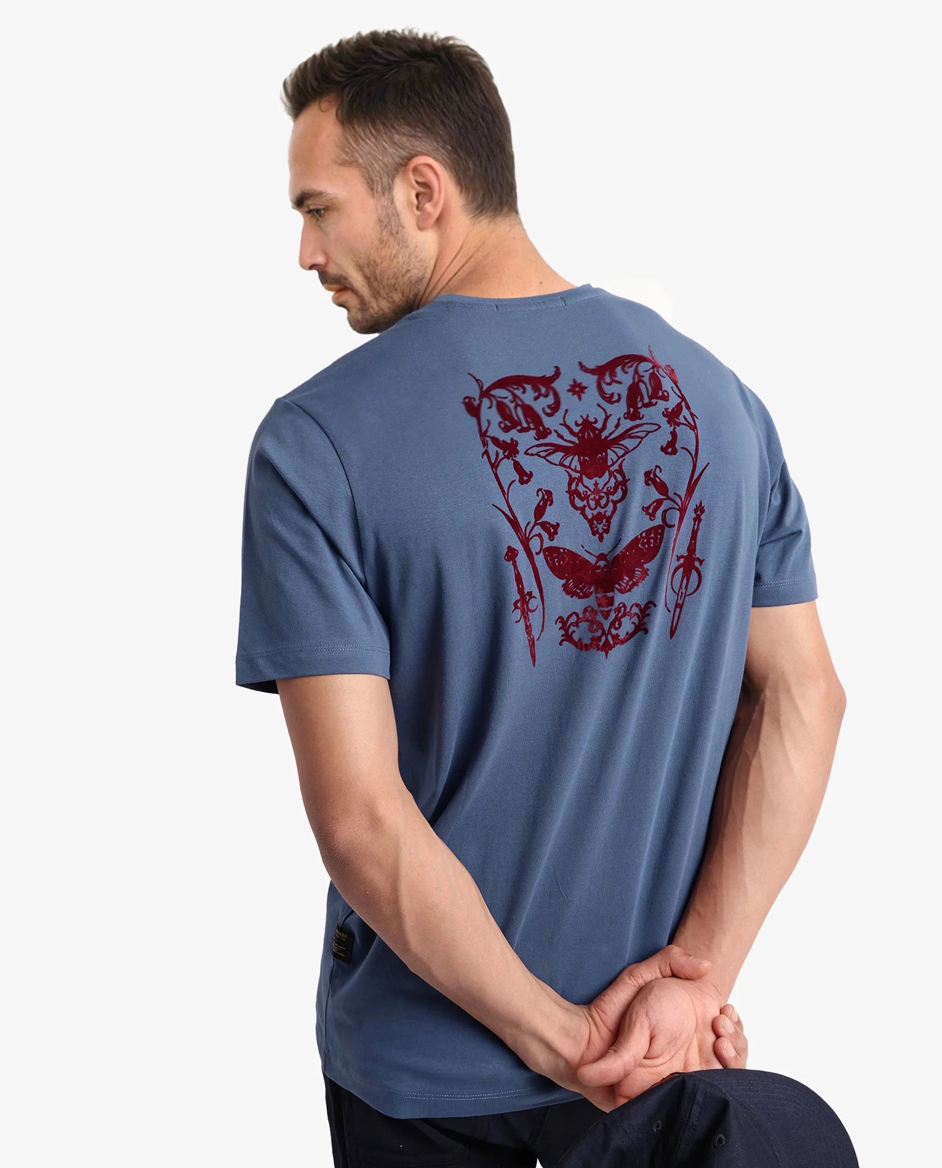 Rare Rabbit Men Tegor Petrol Cotton Lycra Fabric Short Sleeve Crew Neck Regular Fit Graphic Back Flock Print T-Shirt