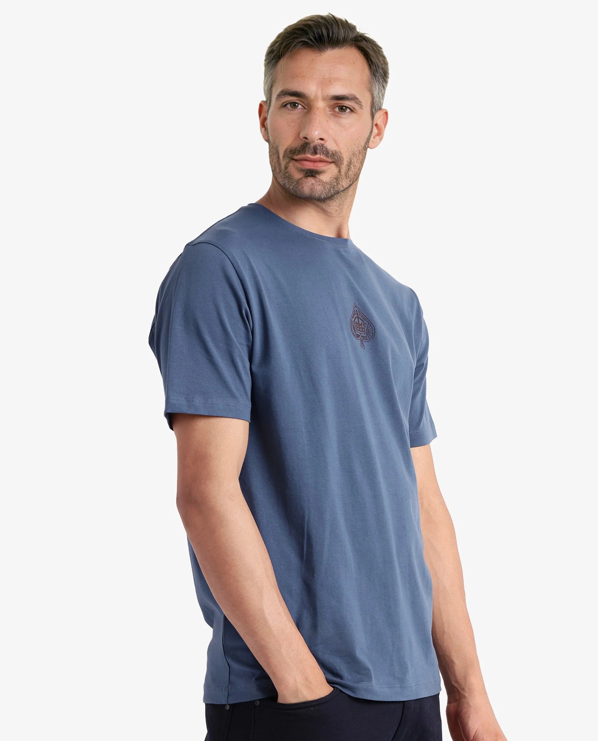 Rare Rabbit Men Tegor Petrol Cotton Lycra Fabric Short Sleeve Crew Neck Regular Fit Graphic Back Flock Print T-Shirt