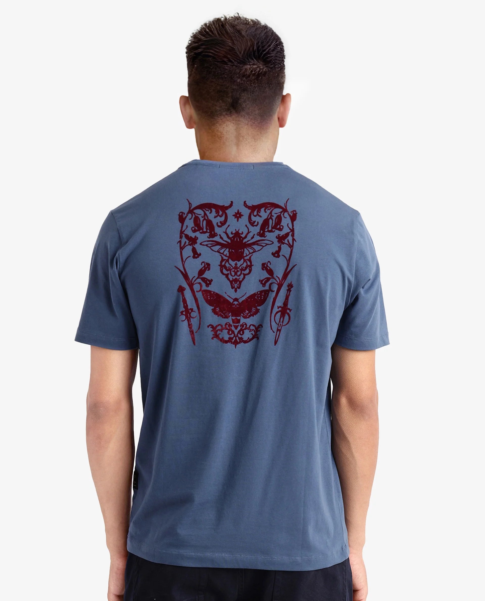 Rare Rabbit Men Tegor Petrol Cotton Lycra Fabric Short Sleeve Crew Neck Regular Fit Graphic Back Flock Print T-Shirt