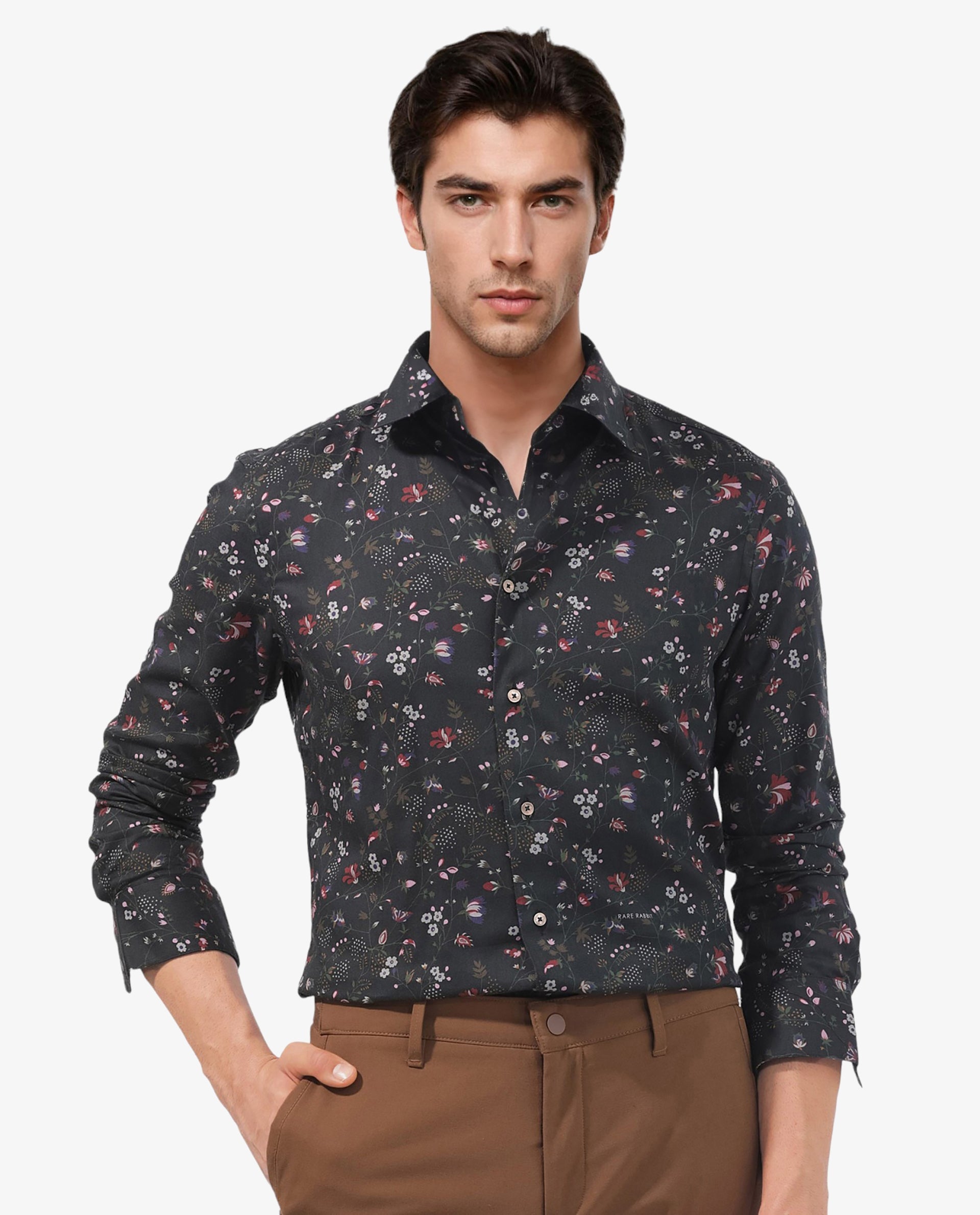 Rare Rabbit Men's Teleuxx Black Cotton Fabric Floral Print Full Sleeves Shirt