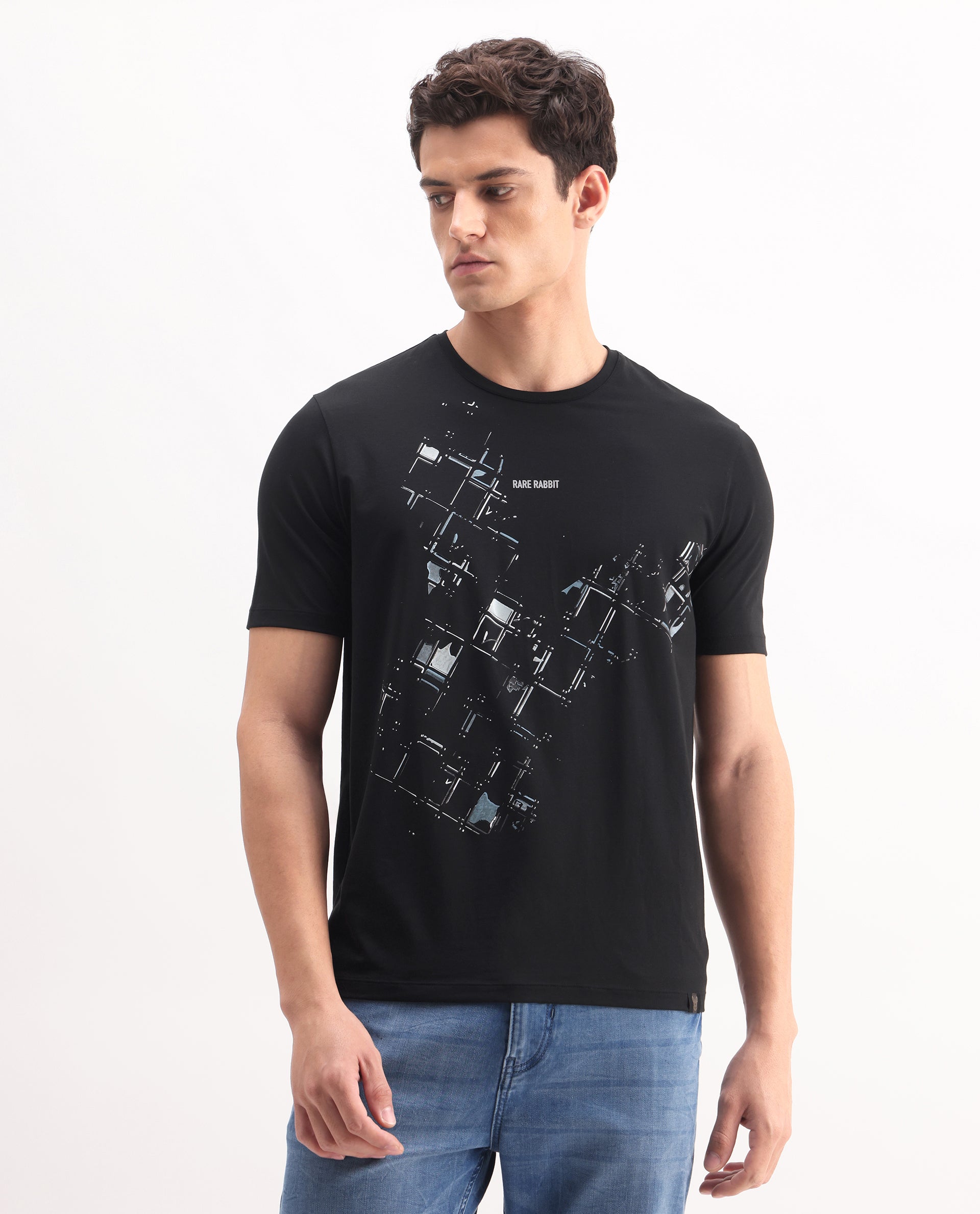Rare Rabbit Men's Tene Black Cotton Blend Graphic Print Regular Fit Half Sleeve Crew Neck T-Shirt