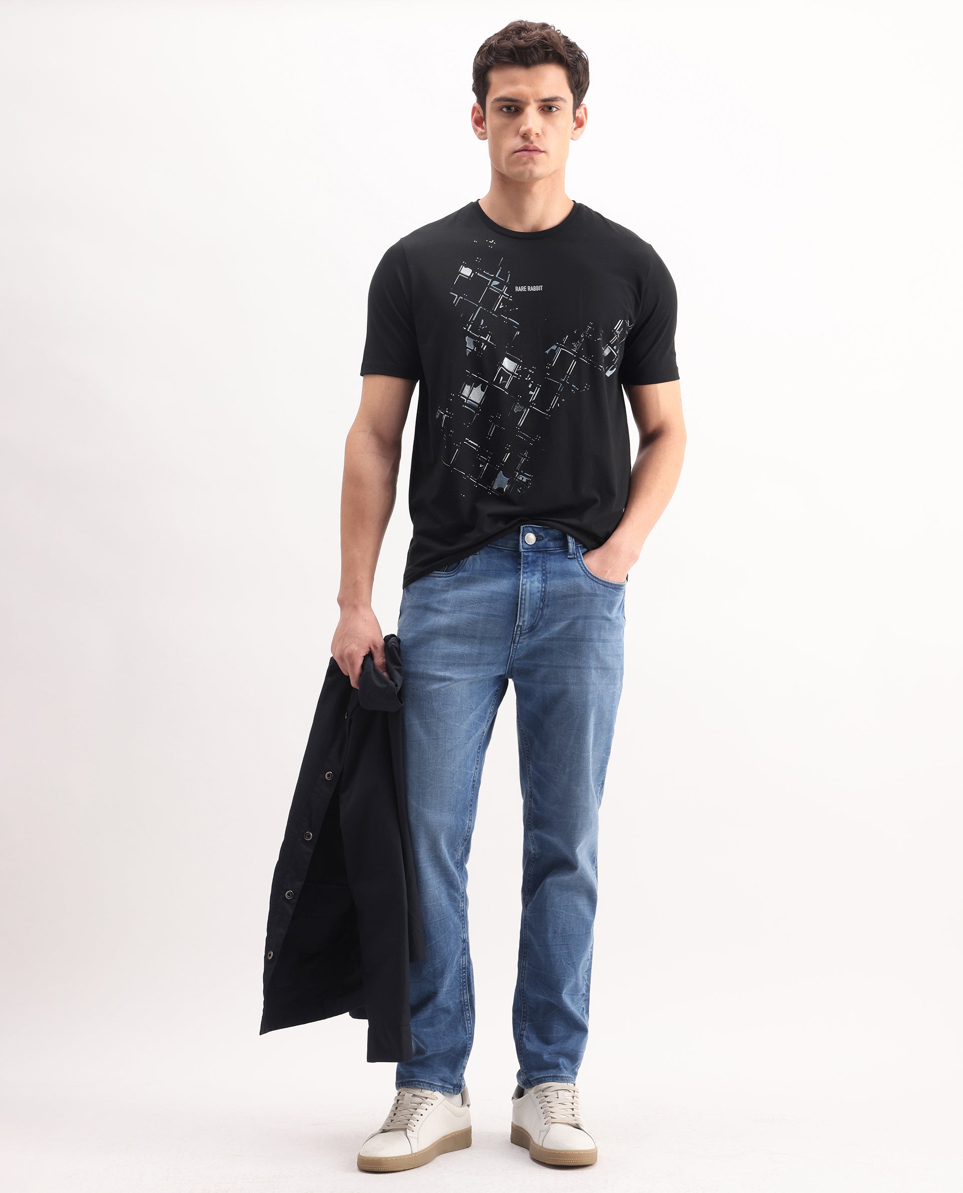 Rare Rabbit Men's Tene Black Cotton Blend Graphic Print Regular Fit Half Sleeve Crew Neck T-Shirt