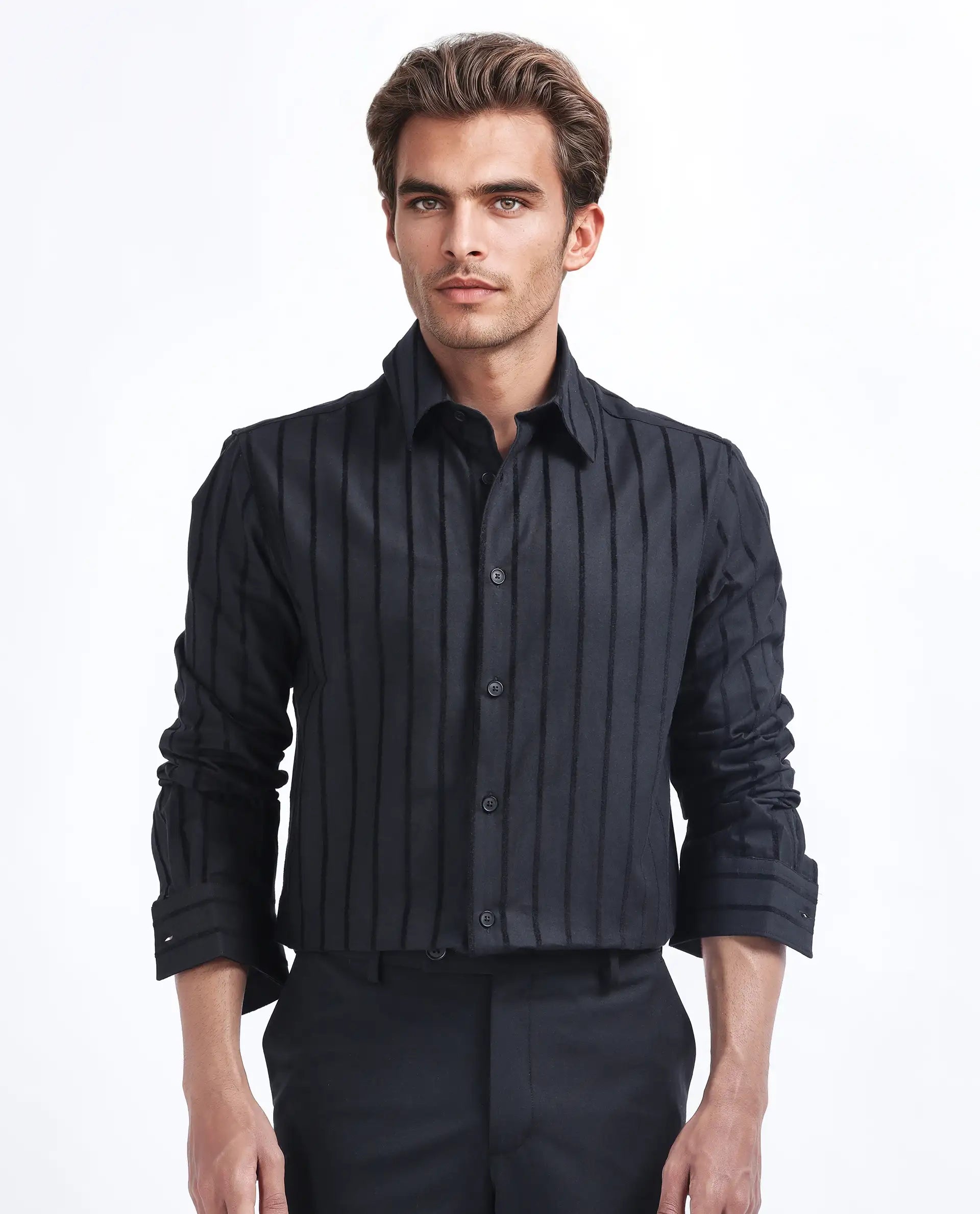 Rare Rabbit Men's Tener Black Cotton Striped Print Regular Fit Full Sleeve Collared Shirt