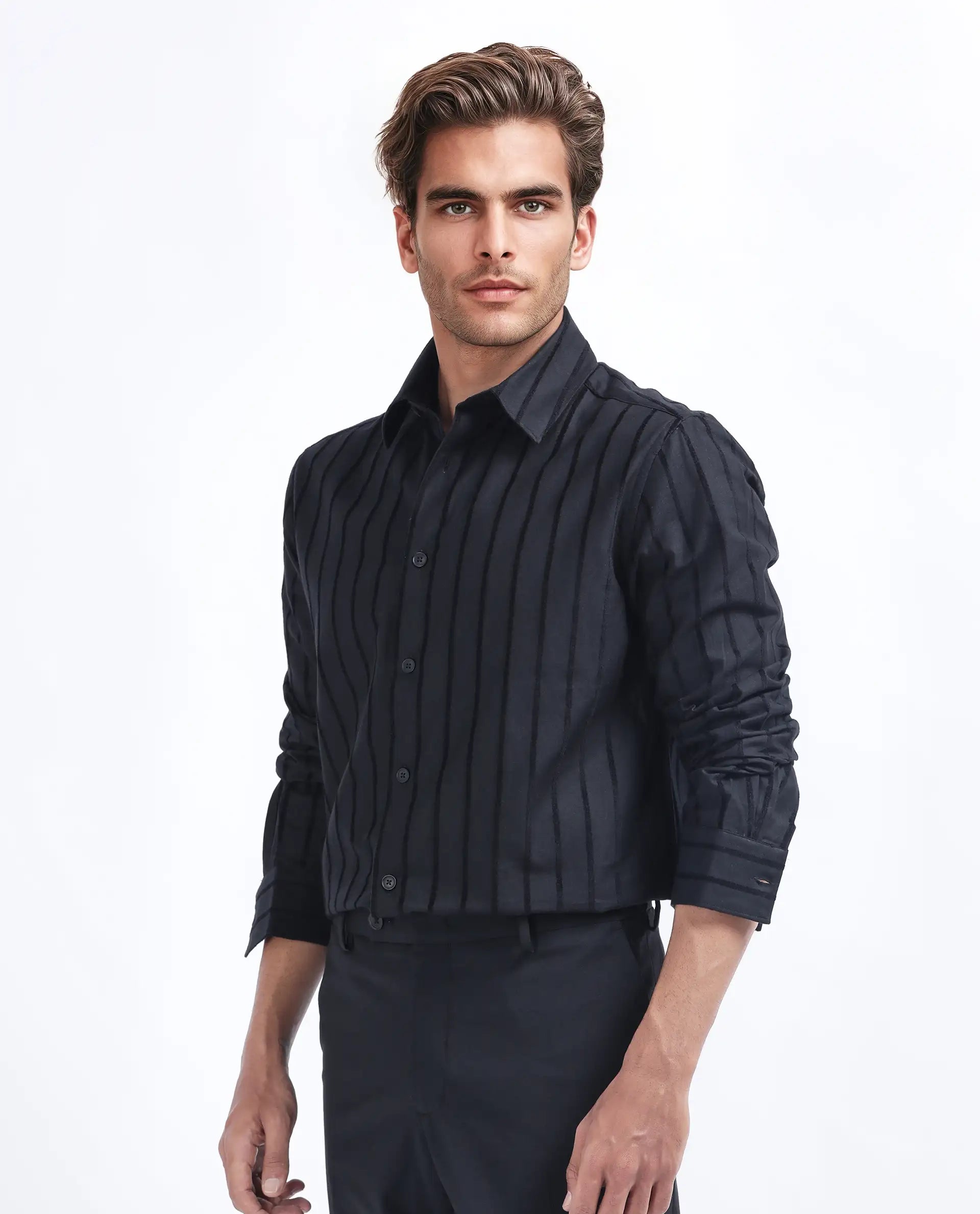 Rare Rabbit Men's Tener Black Cotton Striped Print Regular Fit Full Sleeve Collared Shirt