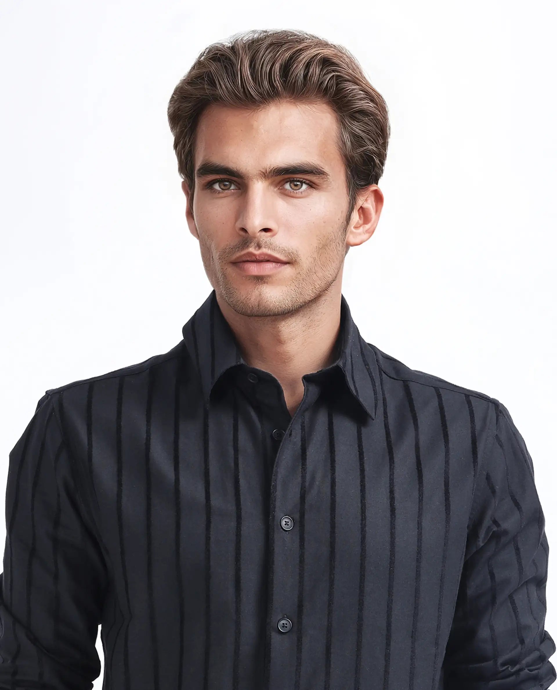 Rare Rabbit Men's Tener Black Cotton Striped Print Regular Fit Full Sleeve Collared Shirt