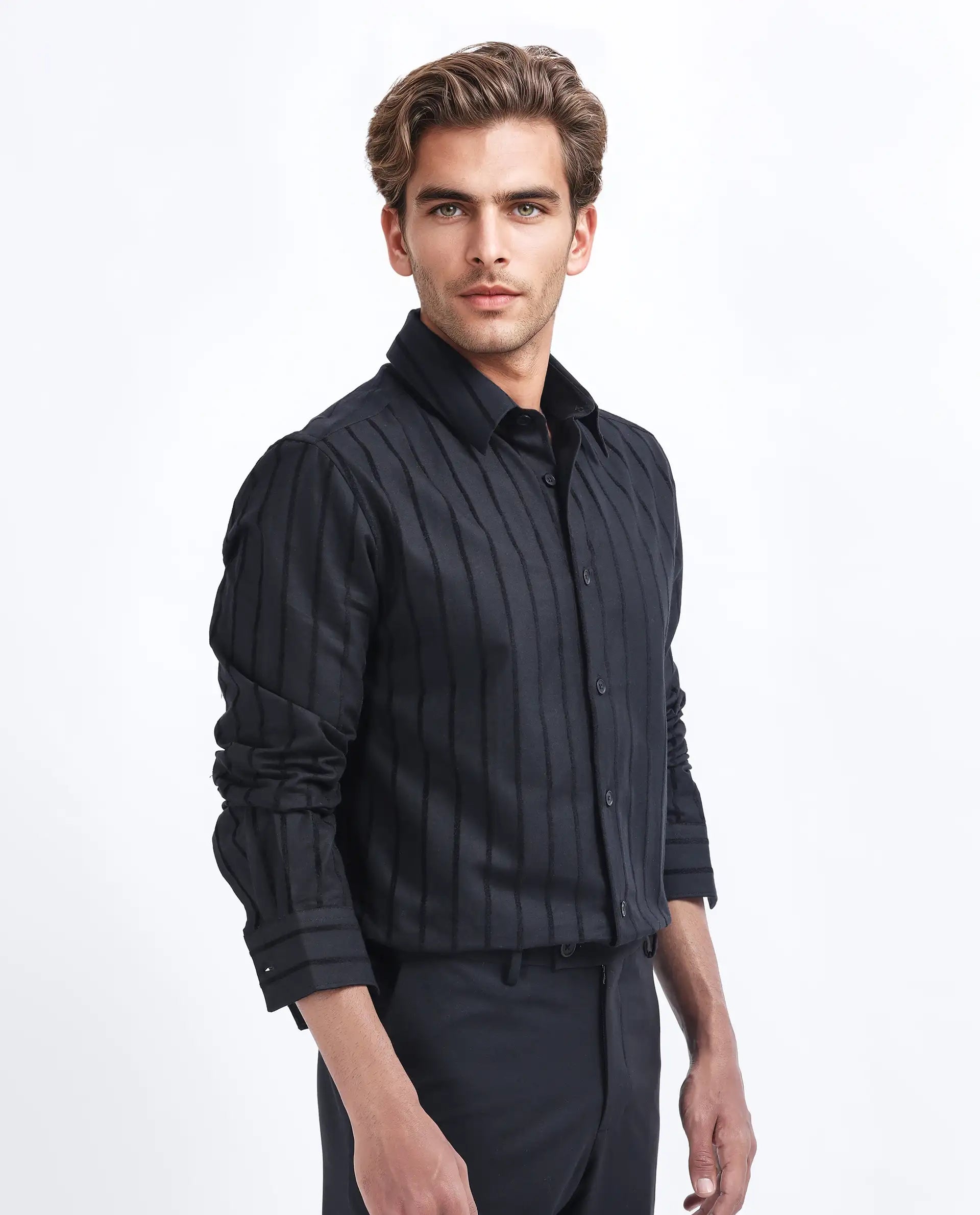 Rare Rabbit Men's Tener Black Cotton Striped Print Regular Fit Full Sleeve Collared Shirt