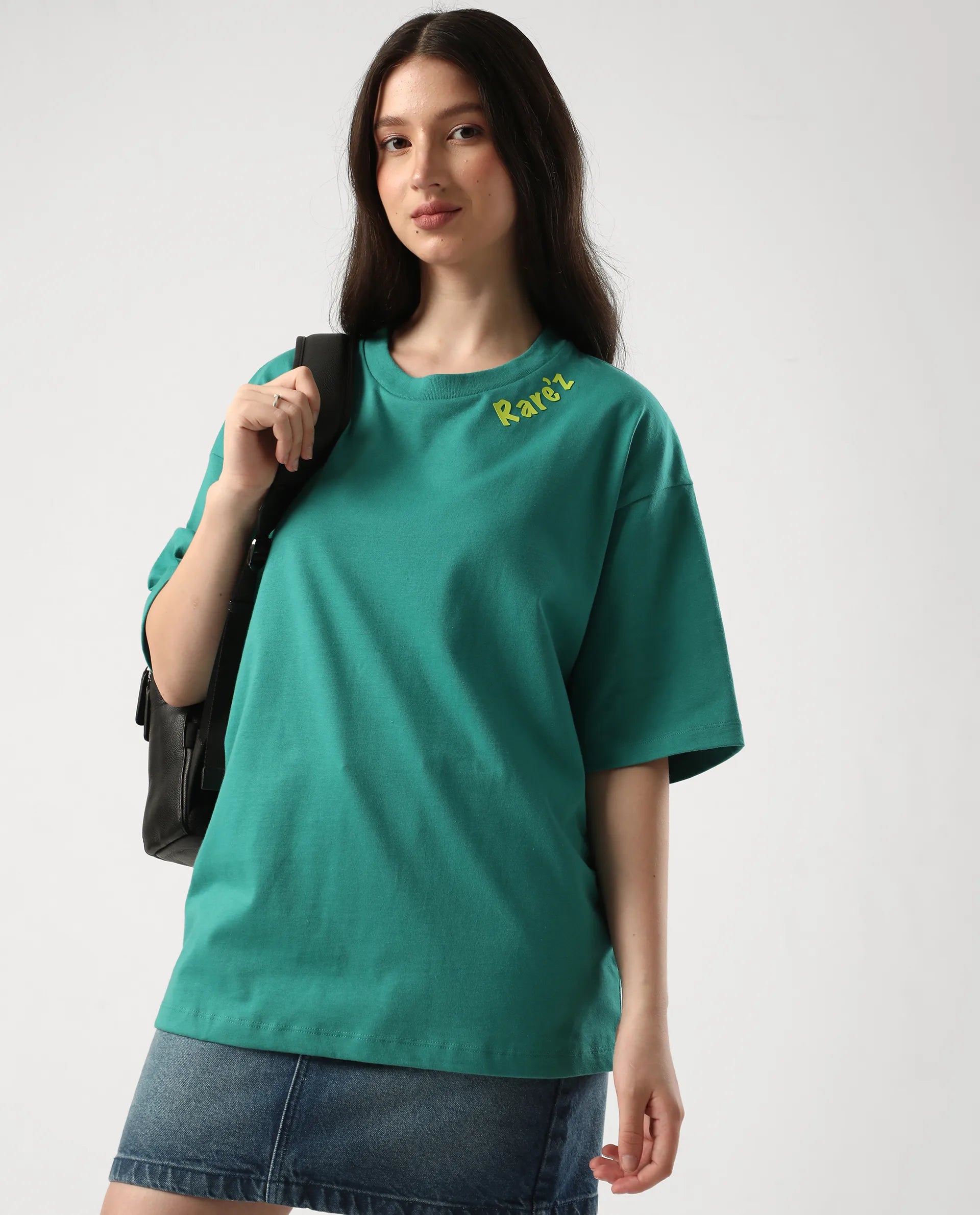 Rareism Women's Tenk Green Cotton Graphic Print Oversized T-Shirt