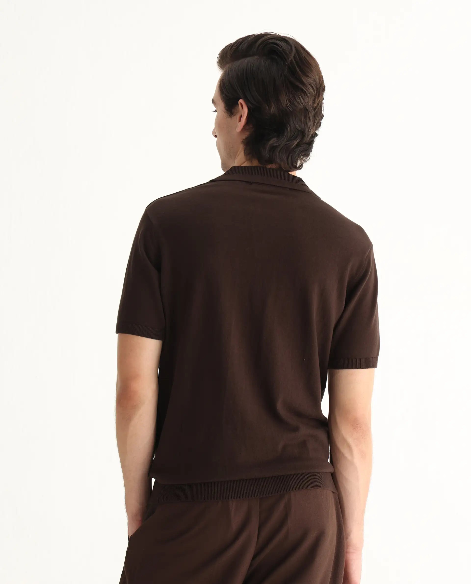 Rare Rabbit Men's Teny Dark Brown Cotton Blend Plain Regular Fit Half Sleeve Polo