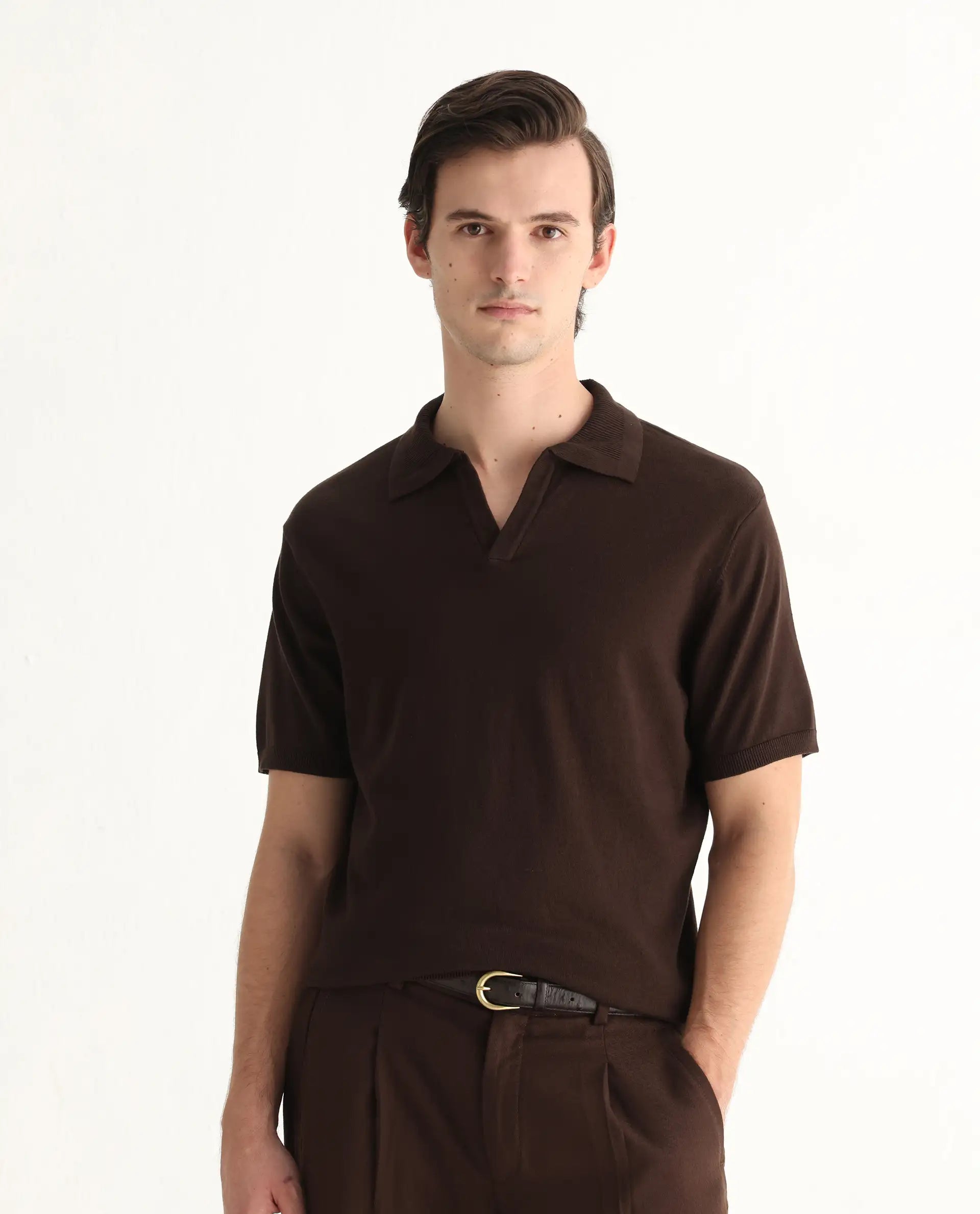Rare Rabbit Men's Teny Dark Brown Cotton Blend Plain Regular Fit Half Sleeve Polo
