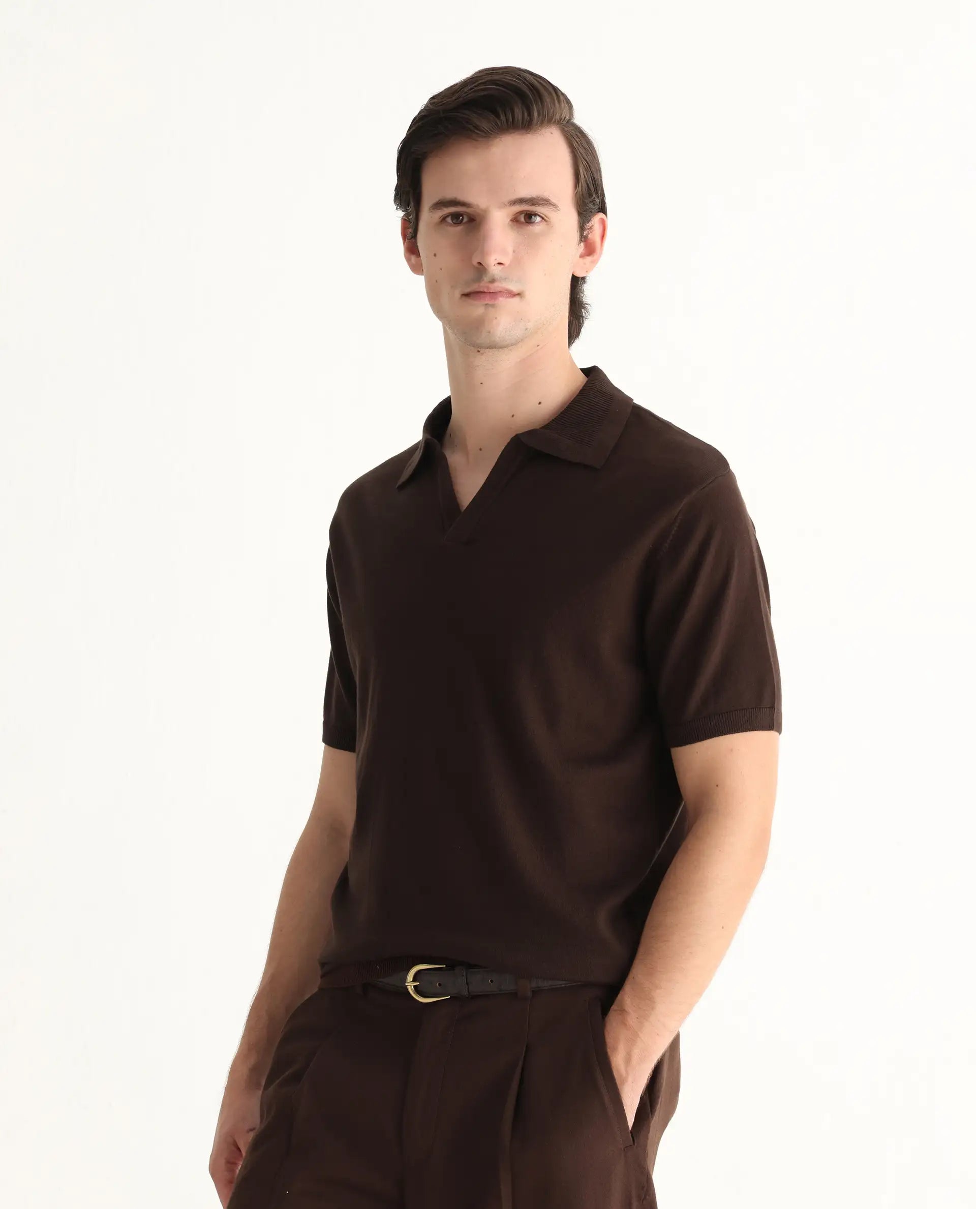 Rare Rabbit Men's Teny Dark Brown Cotton Blend Plain Regular Fit Half Sleeve Polo