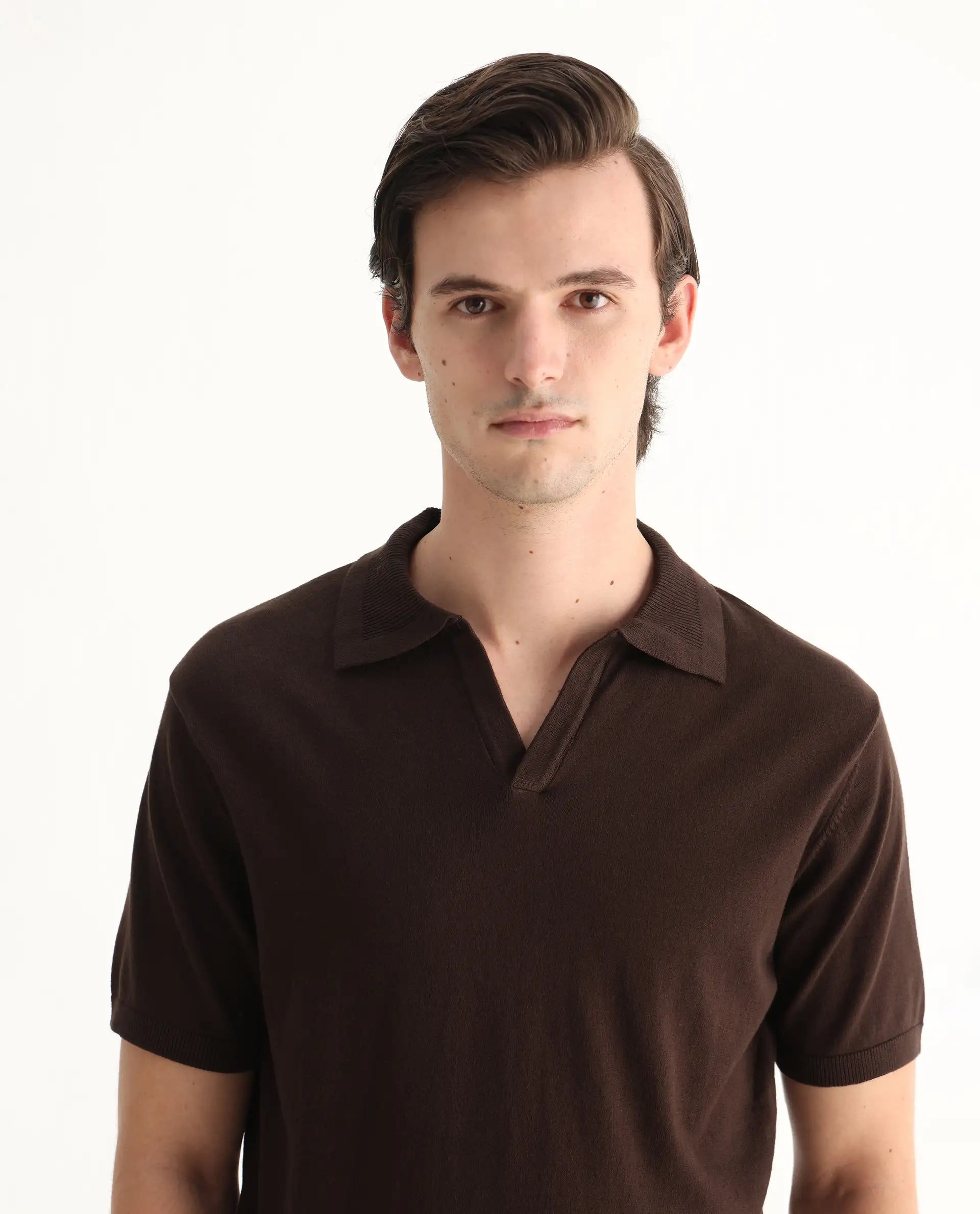 Rare Rabbit Men's Teny Dark Brown Cotton Blend Plain Regular Fit Half Sleeve Polo
